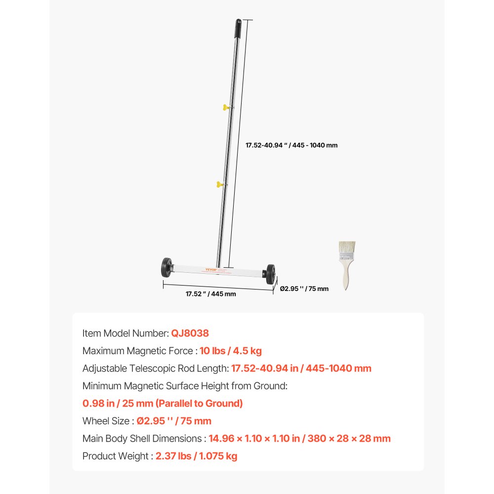 VEVOR Magnetyczna zamiatarka z kołami, 43 cm, udźwig 4,5 kg, magnetyczna szczotka z regulowanym uchwytem, ​​do zbierania gwoździ i śrub, czyszczenia garaży, prac dachowych