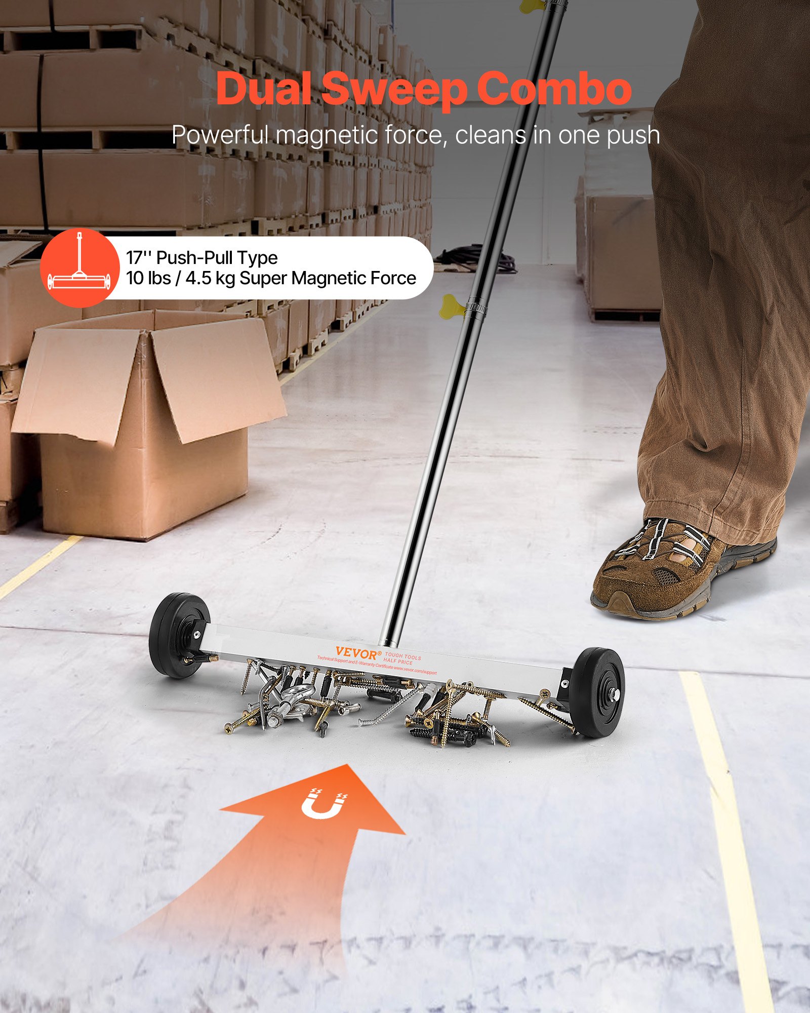 VEVOR Magnetyczna zamiatarka z kołami, 43 cm, udźwig 4,5 kg, magnetyczna szczotka z regulowanym uchwytem, ​​do zbierania gwoździ i śrub, czyszczenia garaży, prac dachowych