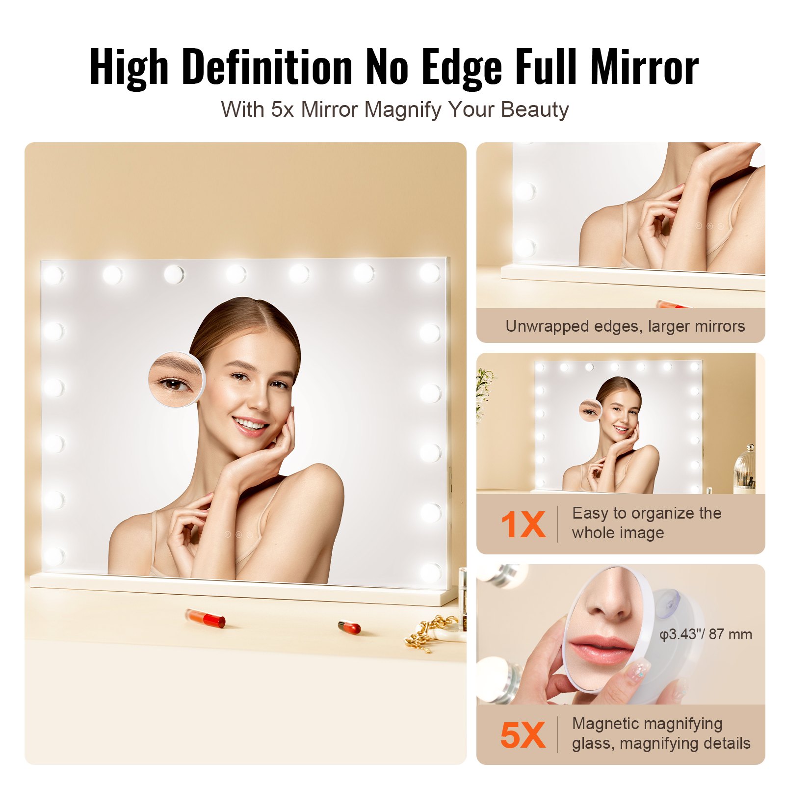 VEVOR Hollywood Lighted Makeup Mirror, Dimmable Bulbs & 3 Color Lighting Modes, Cosmetic Mirror with Detachable 5x Magnification, USB Type-C, Smart Touch Control, 791x597mm