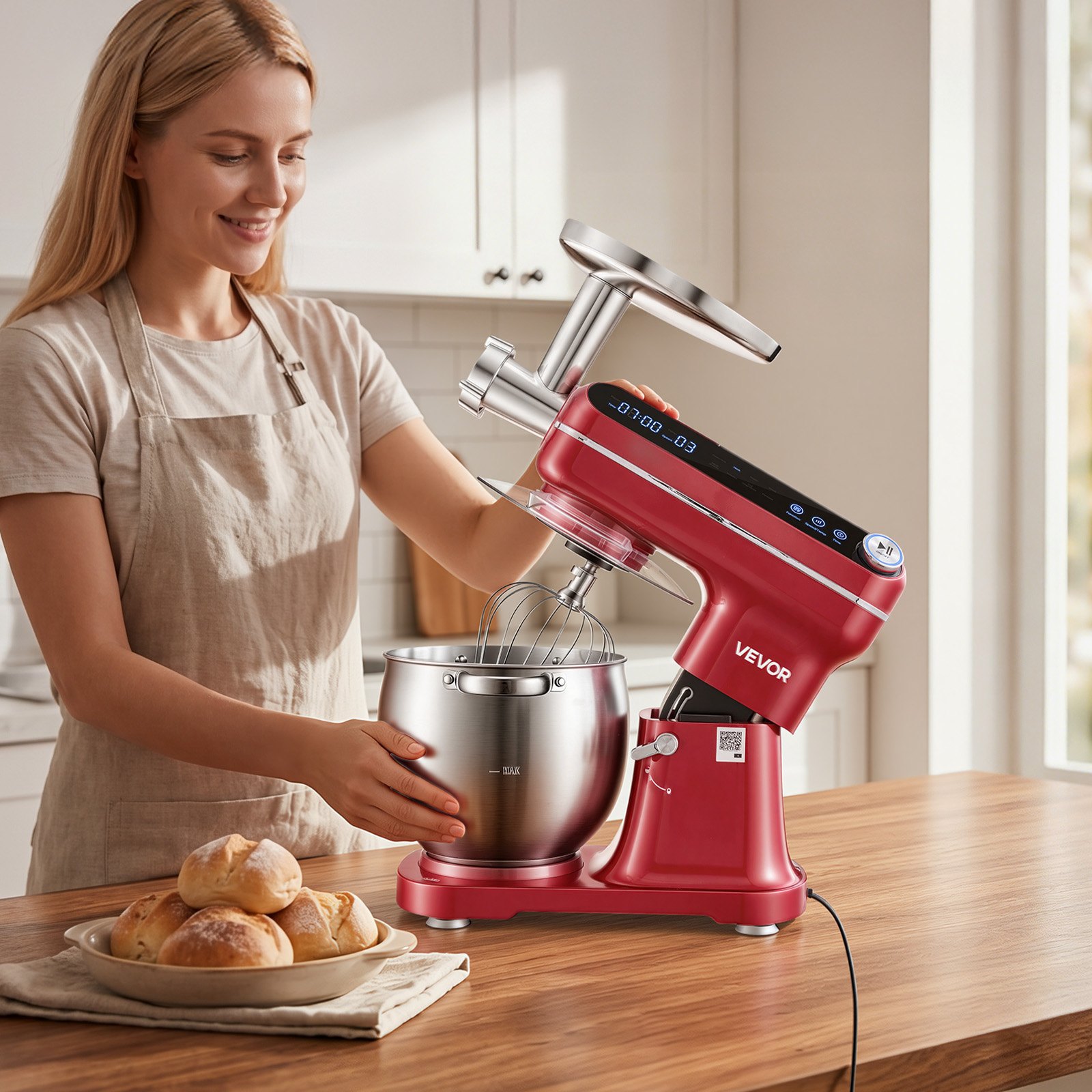 VEVOR Wielofunkcyjny robot kuchenny z głowicą uchylną 7 l 2 w 1 1000 W Czerwony, mikser do ciasta, śmietany, panierki i mięsa, urządzenie do wyrabiania ciasta z miską, hakiem do ciasta, trzepaczką i trzepaczką
