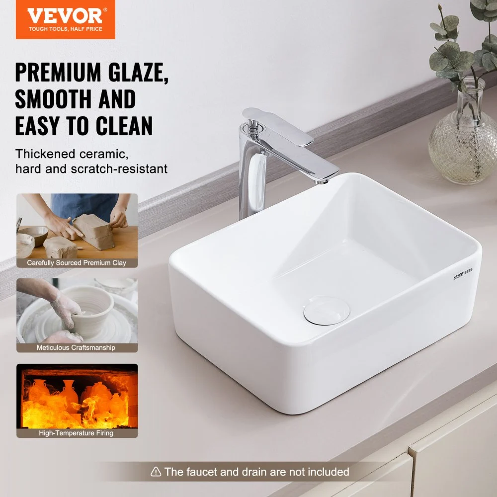 VEVOR Rectangle Vessel Sink, 16" x 12" Bathroom Vessel Sink Countertop, White Ceramic Bathroom Sinks Above Counter, Modern Style, Bright and Elegant, Well-Packaged for Bathroom, Hotel, Toilet, RV