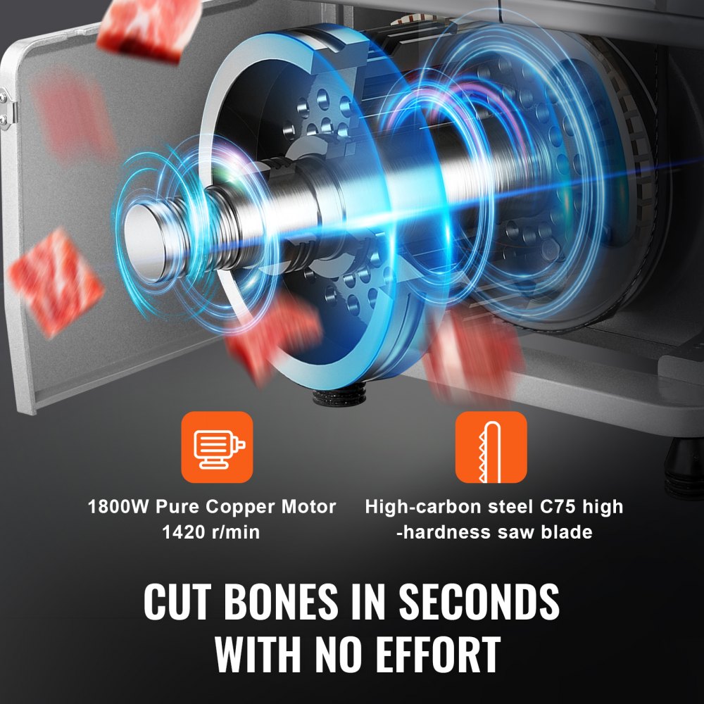 VEVOR Komercyjna elektryczna piła taśmowa do mięsa, 1800 W, stal nierdzewna, blatowa piła do kości, obszar roboczy 15 x 19,1 cala, maksymalna grubość cięcia 7,09 cala, krajalnica do mrożonego mięsa z 5 ostrzami do żeberek, wieprzowiny i wołowiny