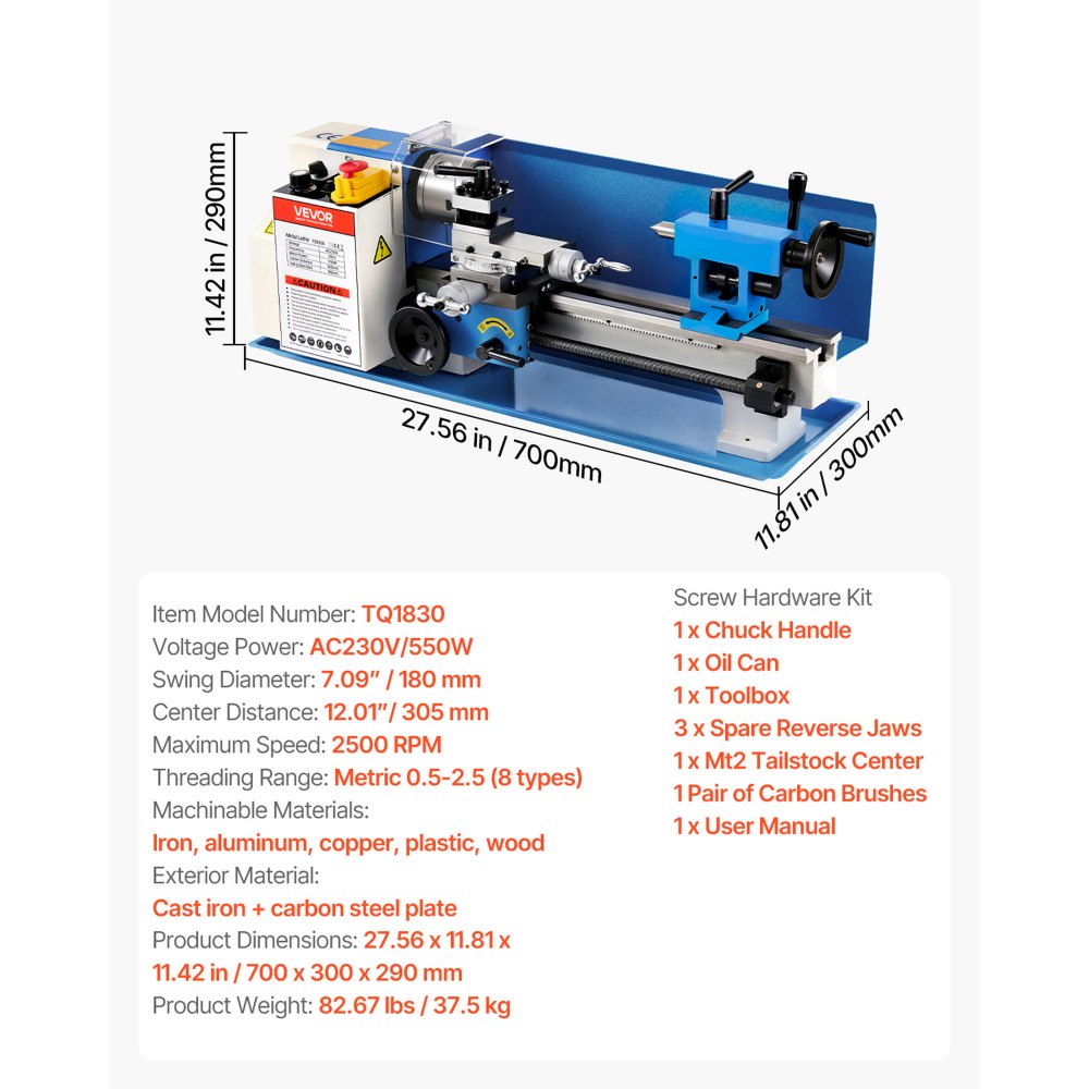 Tokarka do metalu VEVOR 180 x 305 mm 550 W, tokarka do metalu dla majsterkowiczów, modelarzy, naprawców i obróbki metali, z wyłącznikiem awaryjnym, blokadą osłony uchwytu i regulacją prędkości