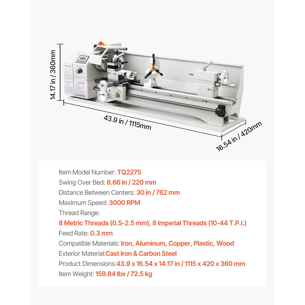 VEVOR Metal Lathe 220 x 762 mm 1100W Benchtop Lathe Machine Variable Speed, 3000RPM Max Spindle Speed, with Metal Gear, Brushless Motor, 8 Metric 8 Imperial Threads, for Metalworking Threading Turning