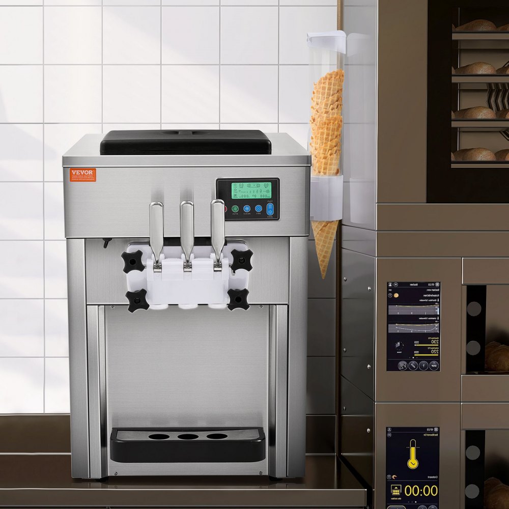 VEVOR Komercyjna maszyna do lodów, 1800 W, 3 smaki, maszyna do lodów miękkich, do postawienia na blacie, 2 zasobniki 4 l, 2 cylindry 1,8 l, ekran LCD, automatyczne czyszczenie, wstępne chłodzenie