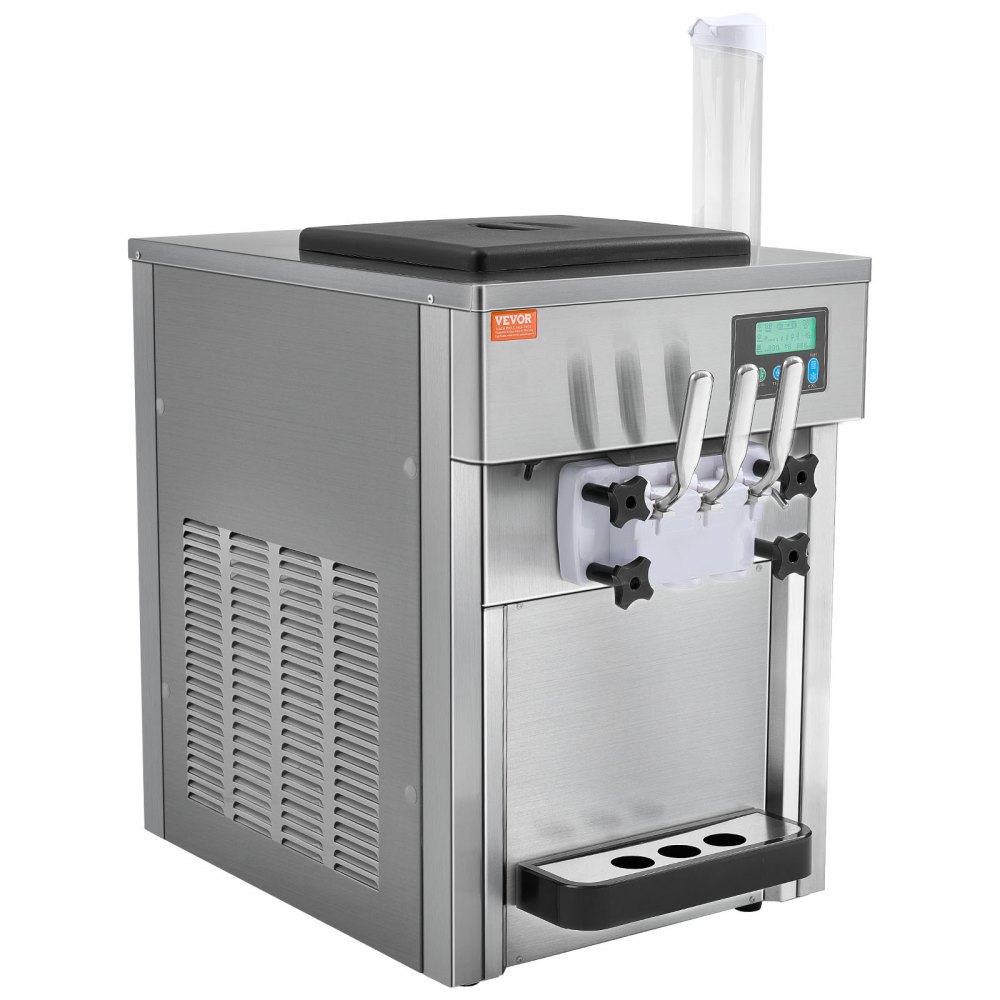 VEVOR Komercyjna maszyna do lodów, 1800 W, 3 smaki, maszyna do lodów miękkich, do postawienia na blacie, 2 zasobniki 4 l, 2 cylindry 1,8 l, ekran LCD, automatyczne czyszczenie, wstępne chłodzenie