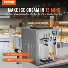 Komercyjna maszyna do lodów VEVOR, 1800 W, 3 smaki, blat maszyny do lodów miękkich, lejek 2 x 4 l, cylinder 2 x 1,8 l, ekran LCD, automatyczne czyszczenie, wstępne chłodzenie