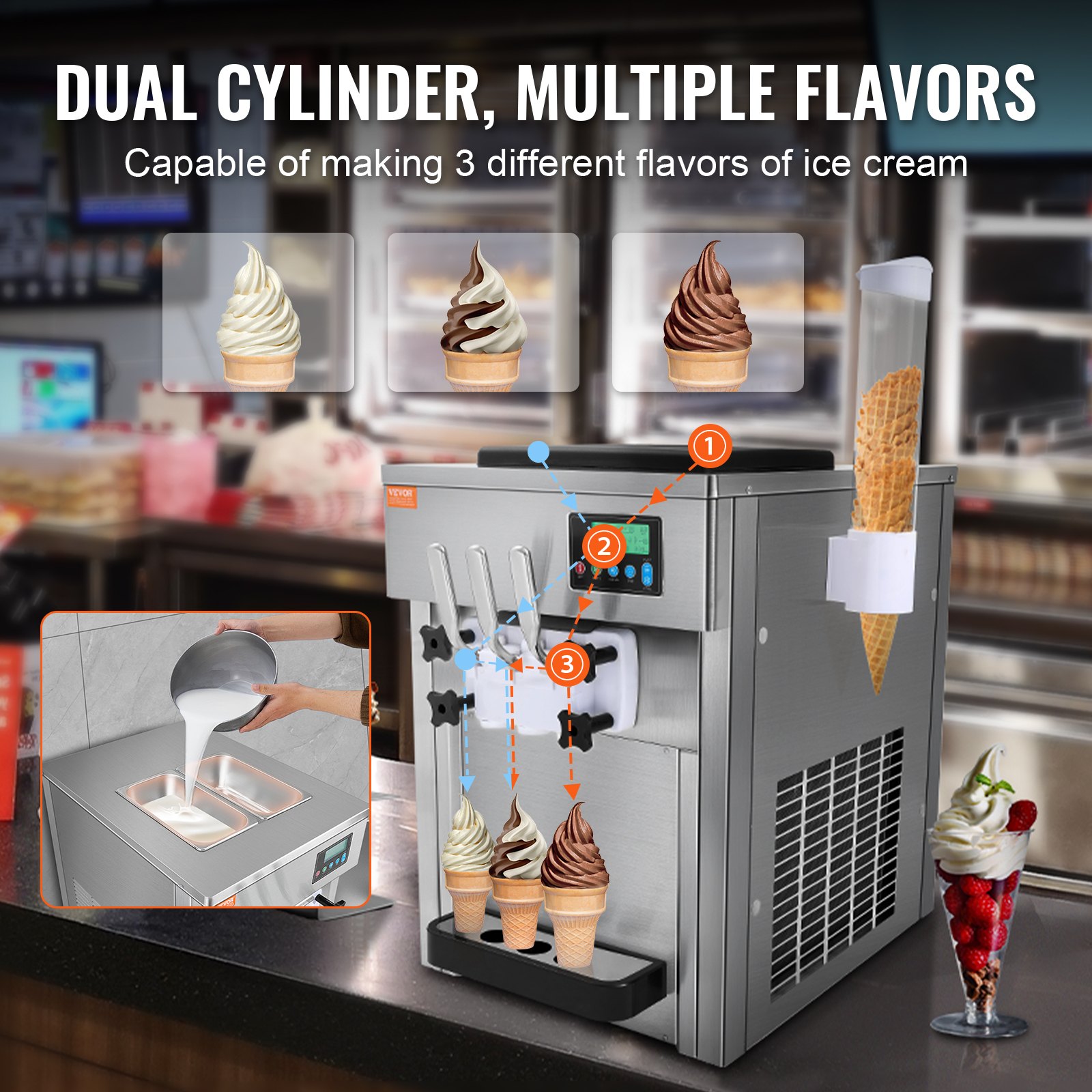 VEVOR Commercial Ice Cream Machine, 1800 W, 3 Flavors, Soft Serve Countertop, 2 x 4 L Hoppers, 2 x 1.8 L Cylinders, LCD Screen, Automatic Cleaning, Pre-Cooling