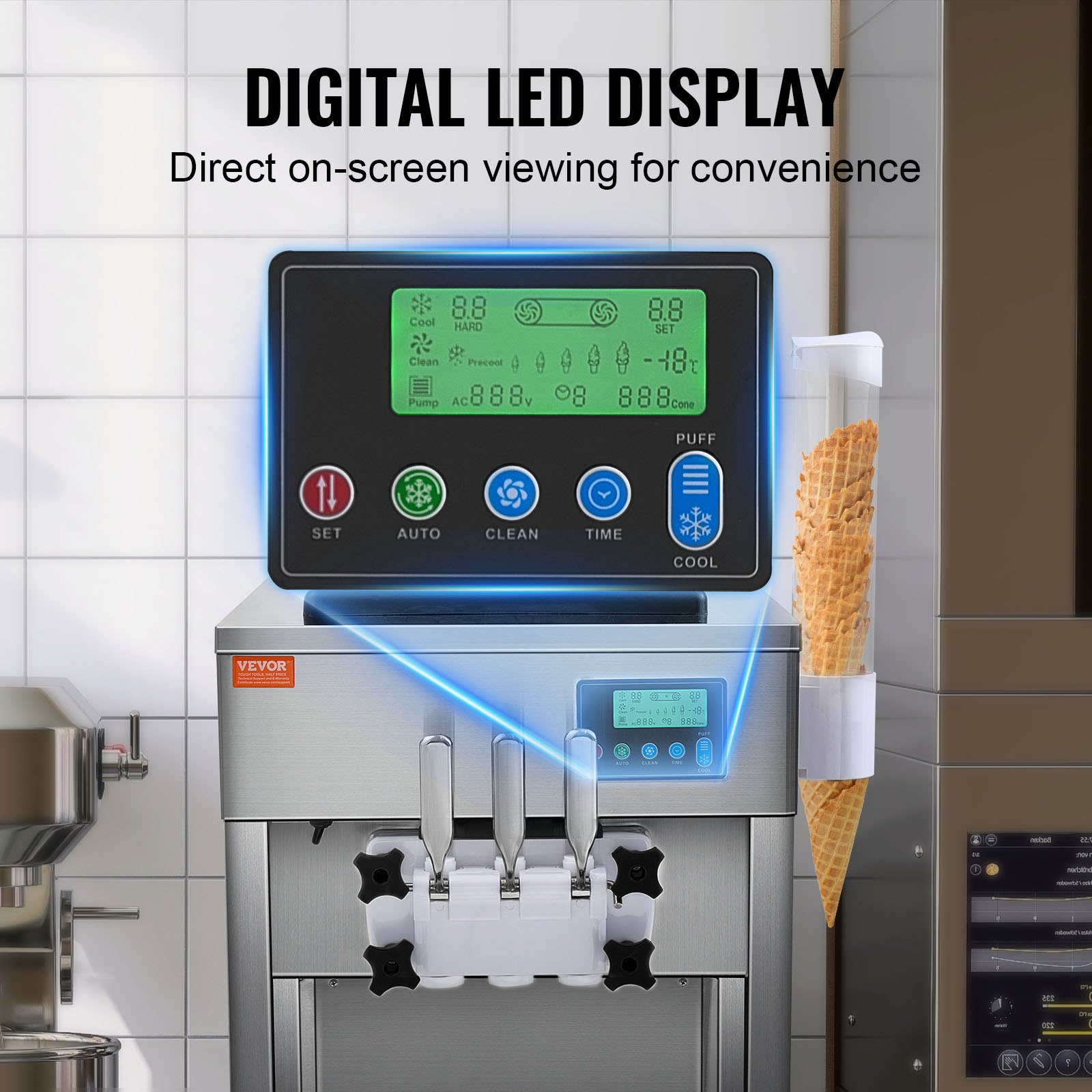 VEVOR Komercyjna maszyna do lodów, 1800 W, 3 smaki, maszyna do lodów miękkich, do postawienia na blacie, 2 zasobniki 4 l, 2 cylindry 1,8 l, ekran LCD, automatyczne czyszczenie, wstępne chłodzenie