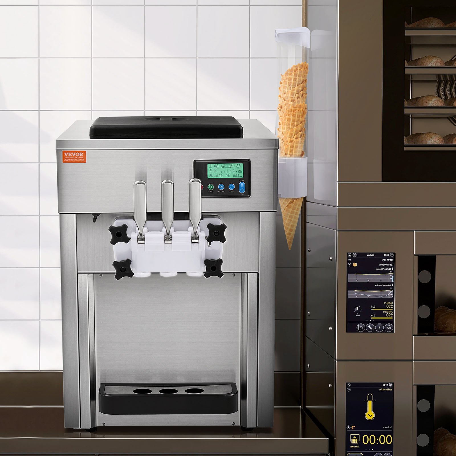 VEVOR Komercyjna maszyna do lodów, 1800 W, 3 smaki, maszyna do lodów miękkich, do postawienia na blacie, 2 zasobniki 4 l, 2 cylindry 1,8 l, ekran LCD, automatyczne czyszczenie, wstępne chłodzenie