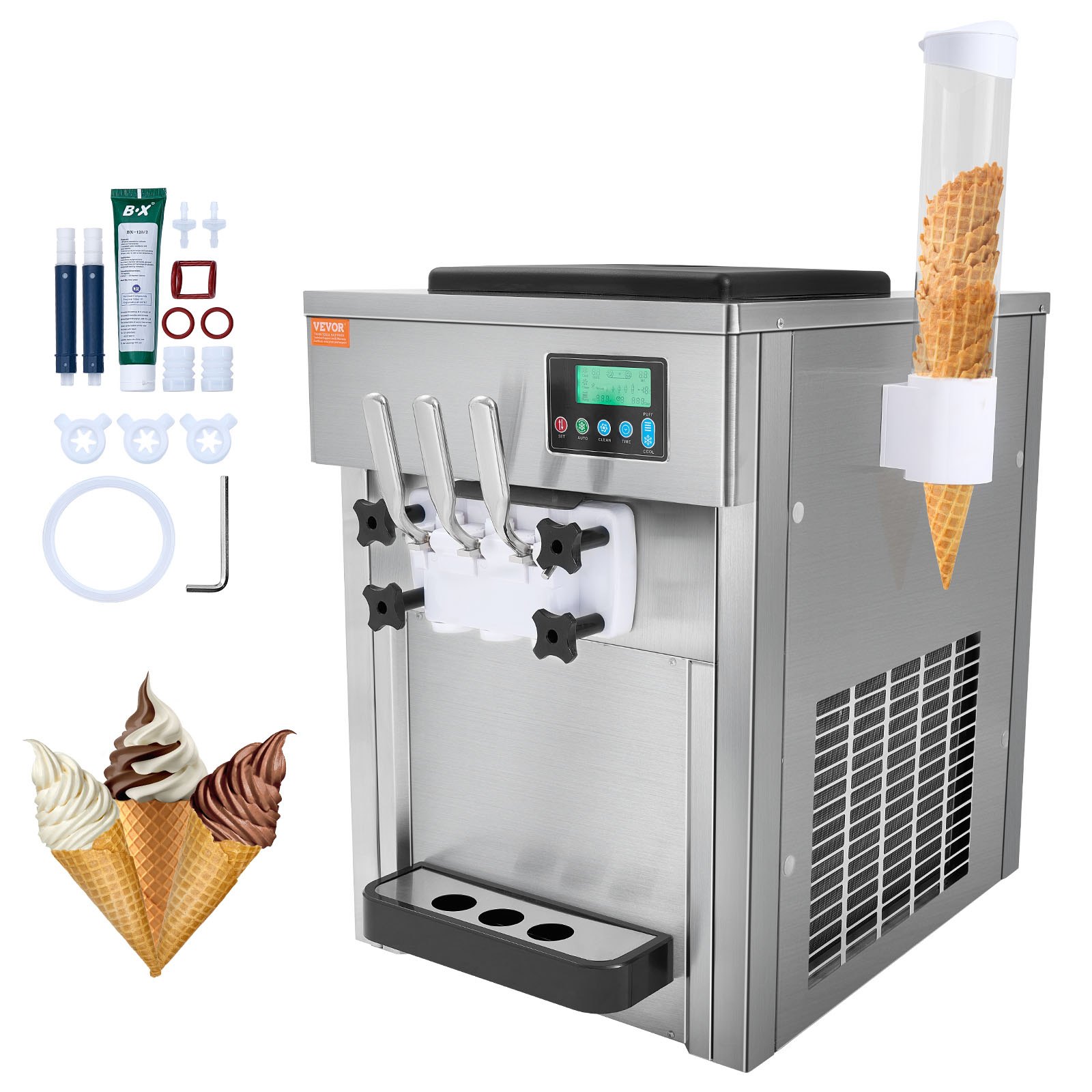 VEVOR Komercyjna maszyna do lodów, 1800 W, 3 smaki, maszyna do lodów miękkich, do postawienia na blacie, 2 zasobniki 4 l, 2 cylindry 1,8 l, ekran LCD, automatyczne czyszczenie, wstępne chłodzenie