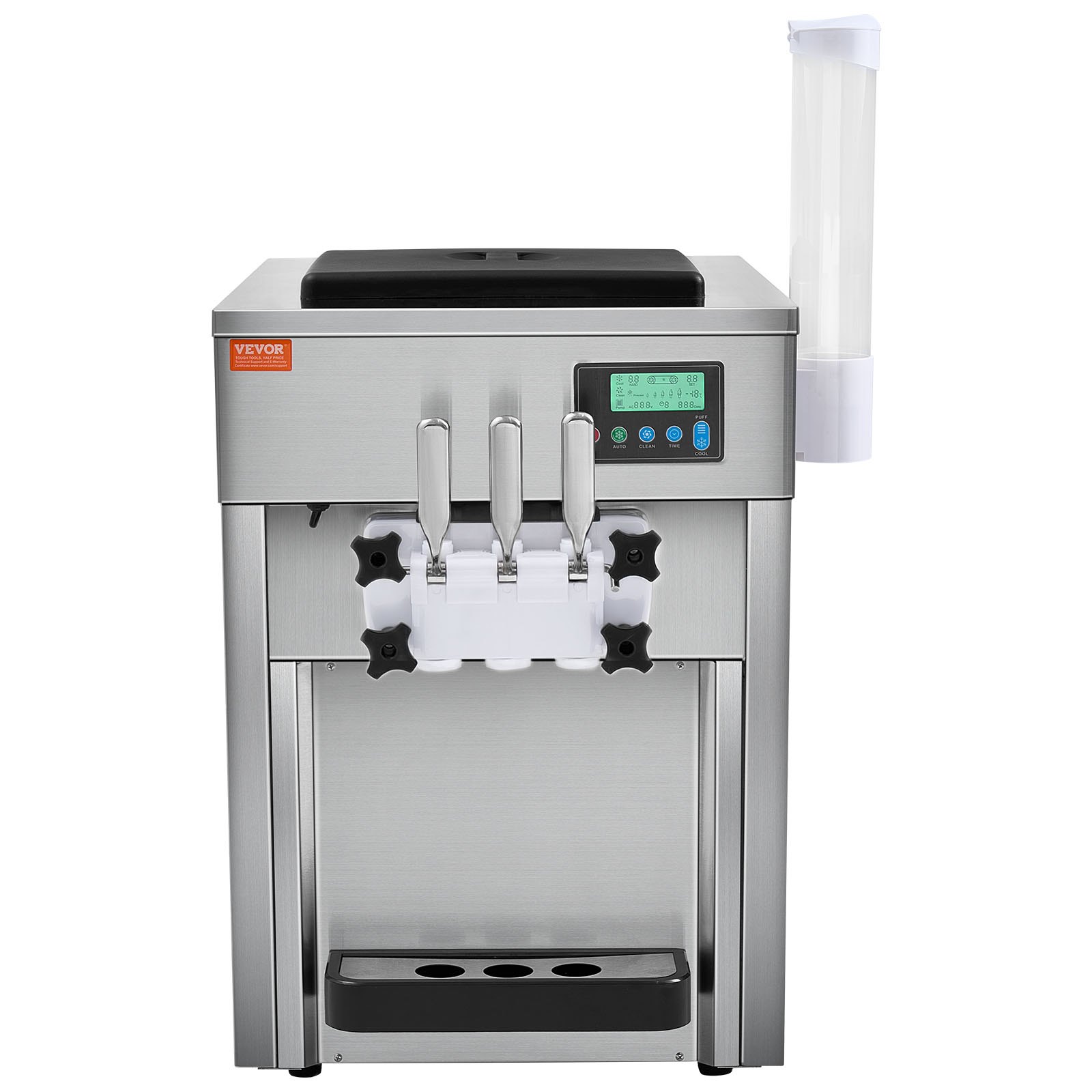 VEVOR Komercyjna maszyna do lodów, 1800 W, 3 smaki, maszyna do lodów miękkich, do postawienia na blacie, 2 zasobniki 4 l, 2 cylindry 1,8 l, ekran LCD, automatyczne czyszczenie, wstępne chłodzenie