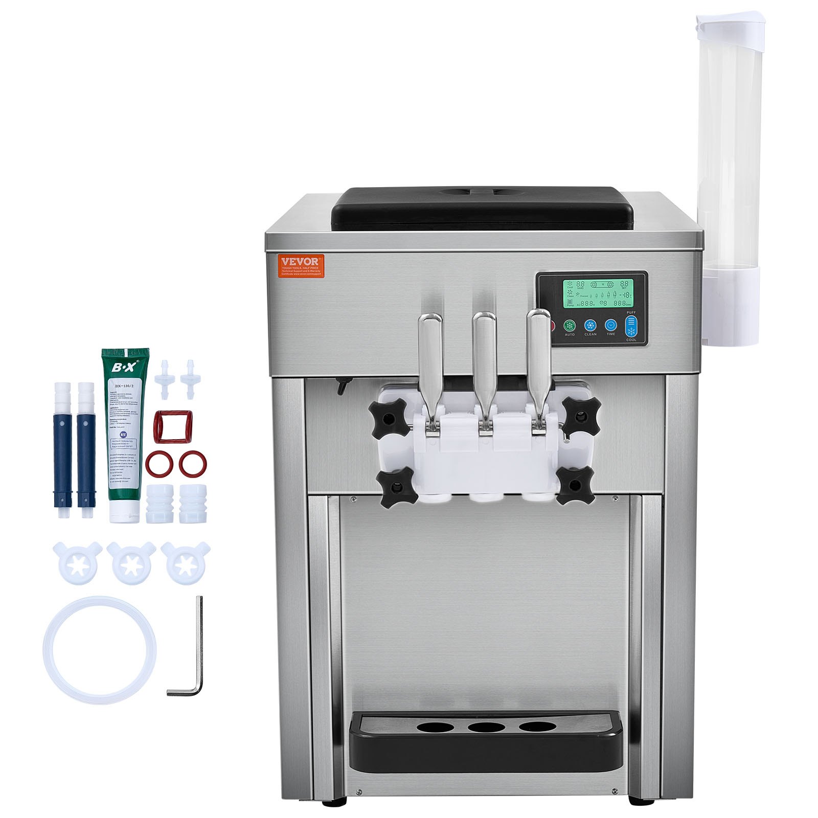 VEVOR Komercyjna maszyna do lodów, 1800 W, 3 smaki, maszyna do lodów miękkich, do postawienia na blacie, 2 zasobniki 4 l, 2 cylindry 1,8 l, ekran LCD, automatyczne czyszczenie, wstępne chłodzenie