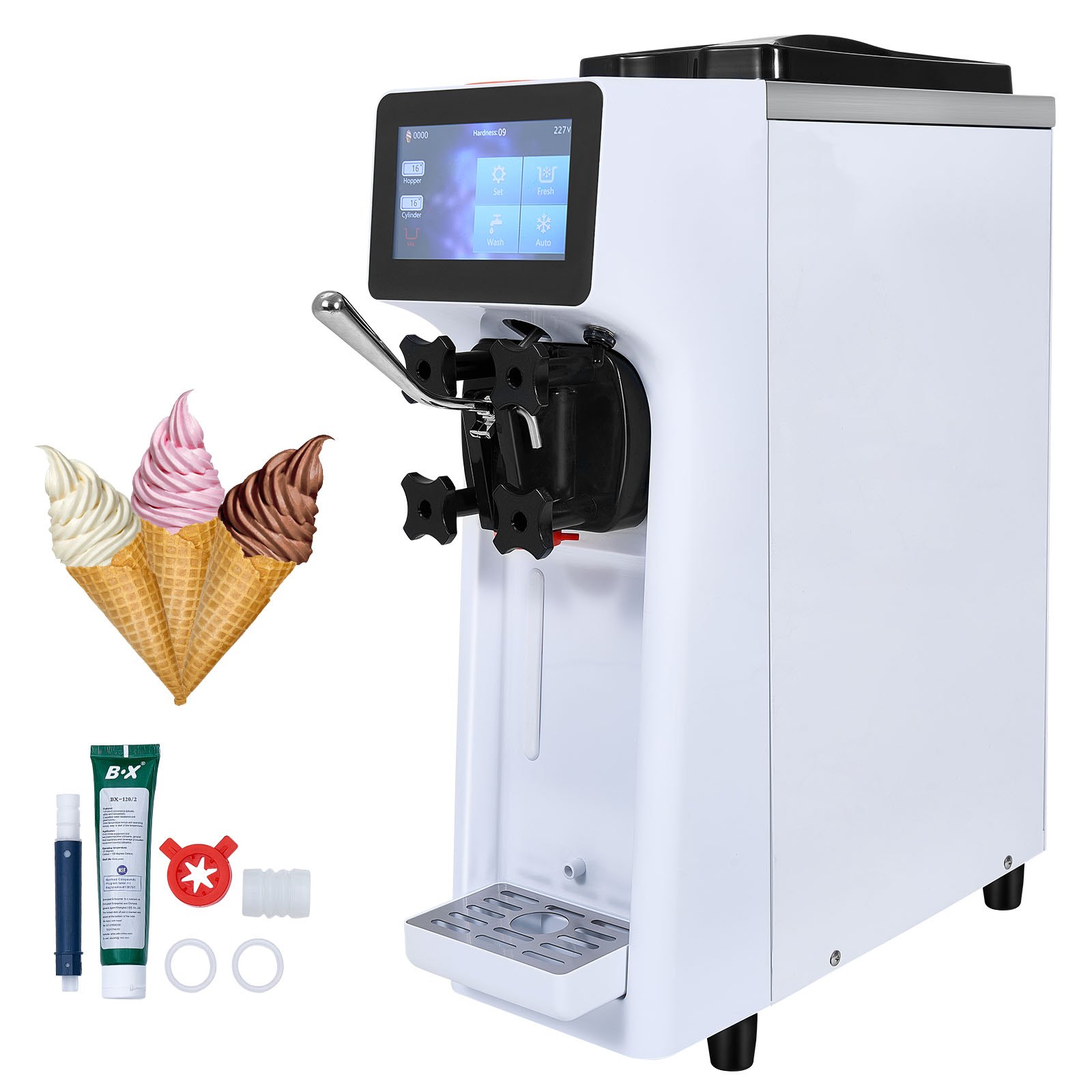 Maszyna do lodów VEVOR, komercyjna, wydajność 10 l/h, maszyna do lodów miękkich, jeden smak, blat, zasobnik 4 l, cylinder 1,6 l, ekran dotykowy, automatyczne czyszczenie, przekąski z funkcją wstępnego chłodzenia