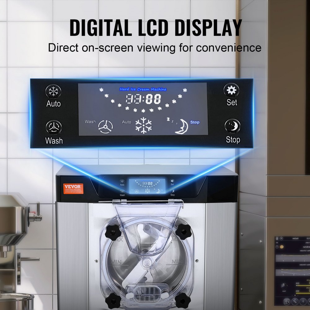 VEVOR Komercyjna maszyna do lodów, 12 l/h, maszyna do lodów o jednym smaku, do lodów twardych, cylinder ze stali nierdzewnej o pojemności 4,5 l, panel LED, automatyczne chłodzenie wstępne z czyszczeniem