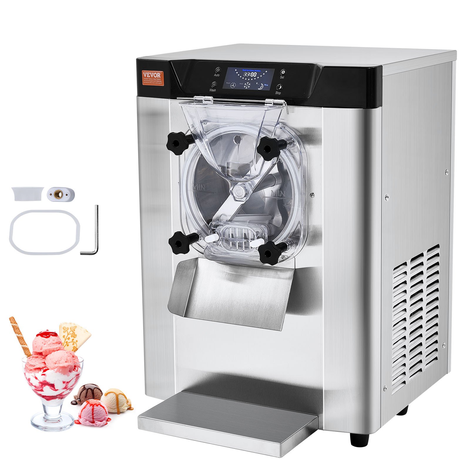 VEVOR Komercyjna maszyna do lodów, 12 l/h, maszyna do lodów o jednym smaku, do lodów twardych, cylinder ze stali nierdzewnej o pojemności 4,5 l, panel LED, automatyczne chłodzenie wstępne z czyszczeniem