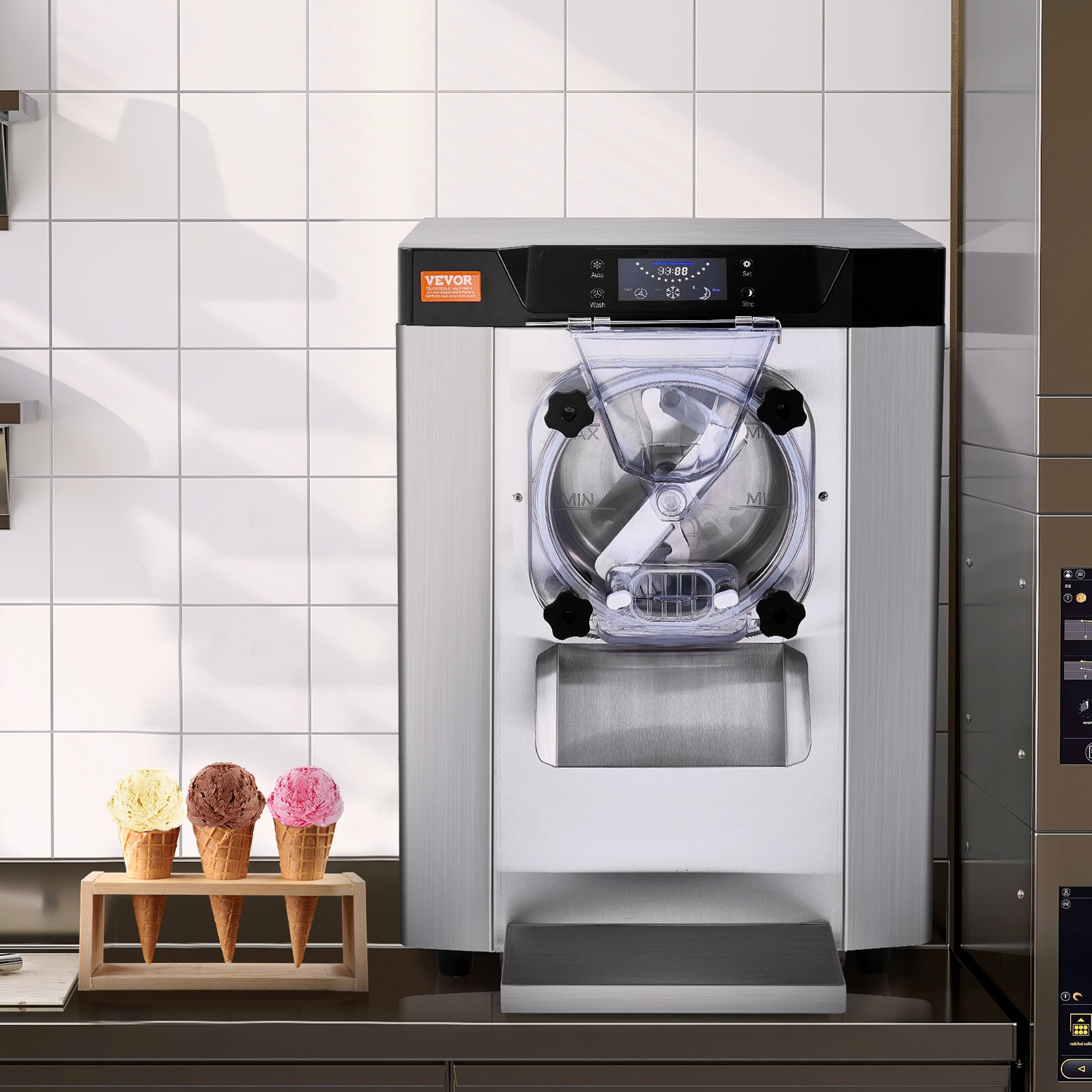 VEVOR Komercyjna maszyna do lodów, 12 l/h, maszyna do lodów o jednym smaku, do lodów twardych, cylinder ze stali nierdzewnej o pojemności 4,5 l, panel LED, automatyczne chłodzenie wstępne z czyszczeniem