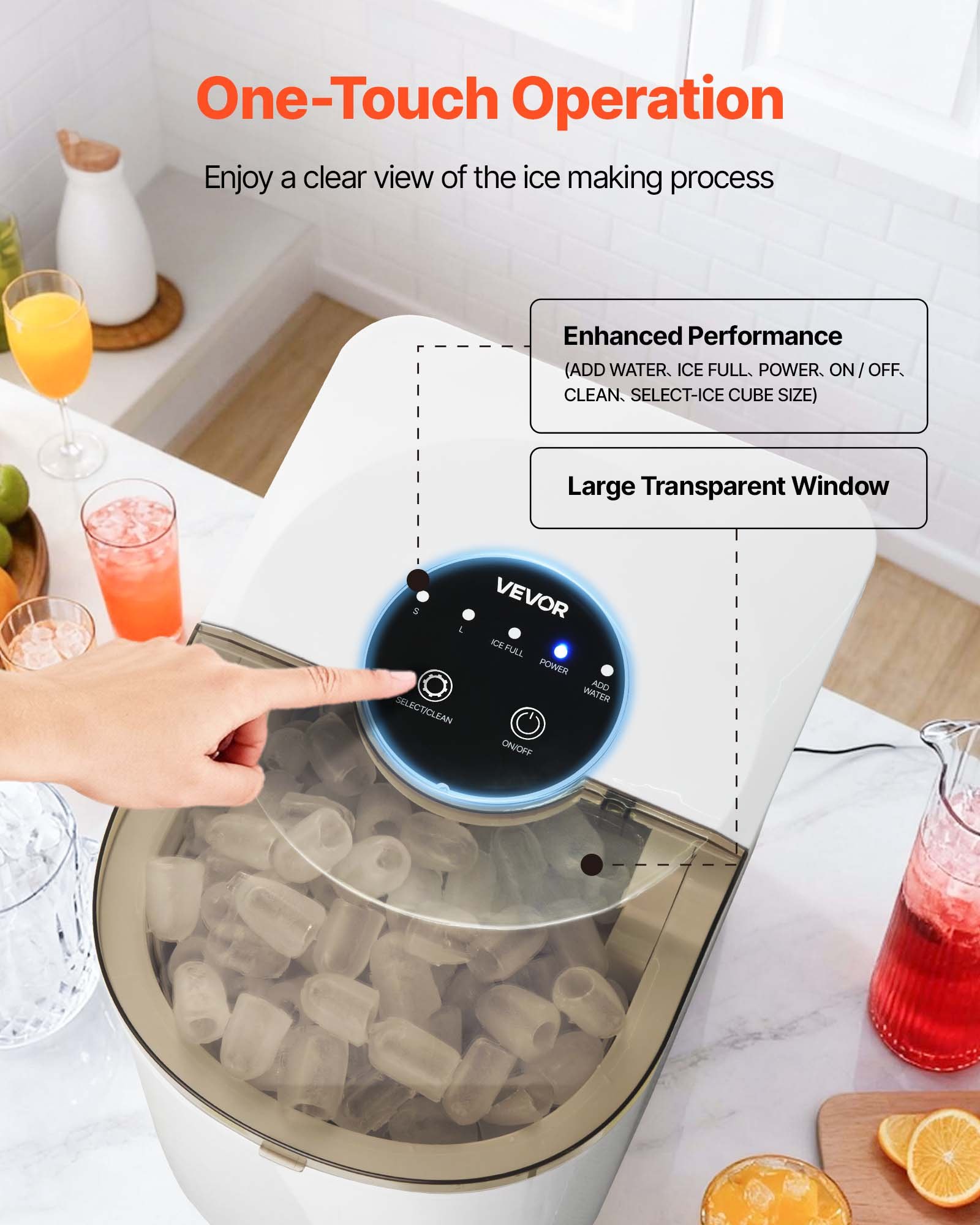 VEVOR Countertop Ice Maker, 7 Cubes Ready in 6 Mins, 11.8 kg per Day, Self-Cleaning Portable Machine with Ice Scoop, Ice-Making Machine with 2 Sizes Bullet Ices for Home, Kitchen, Office, Bar & Party