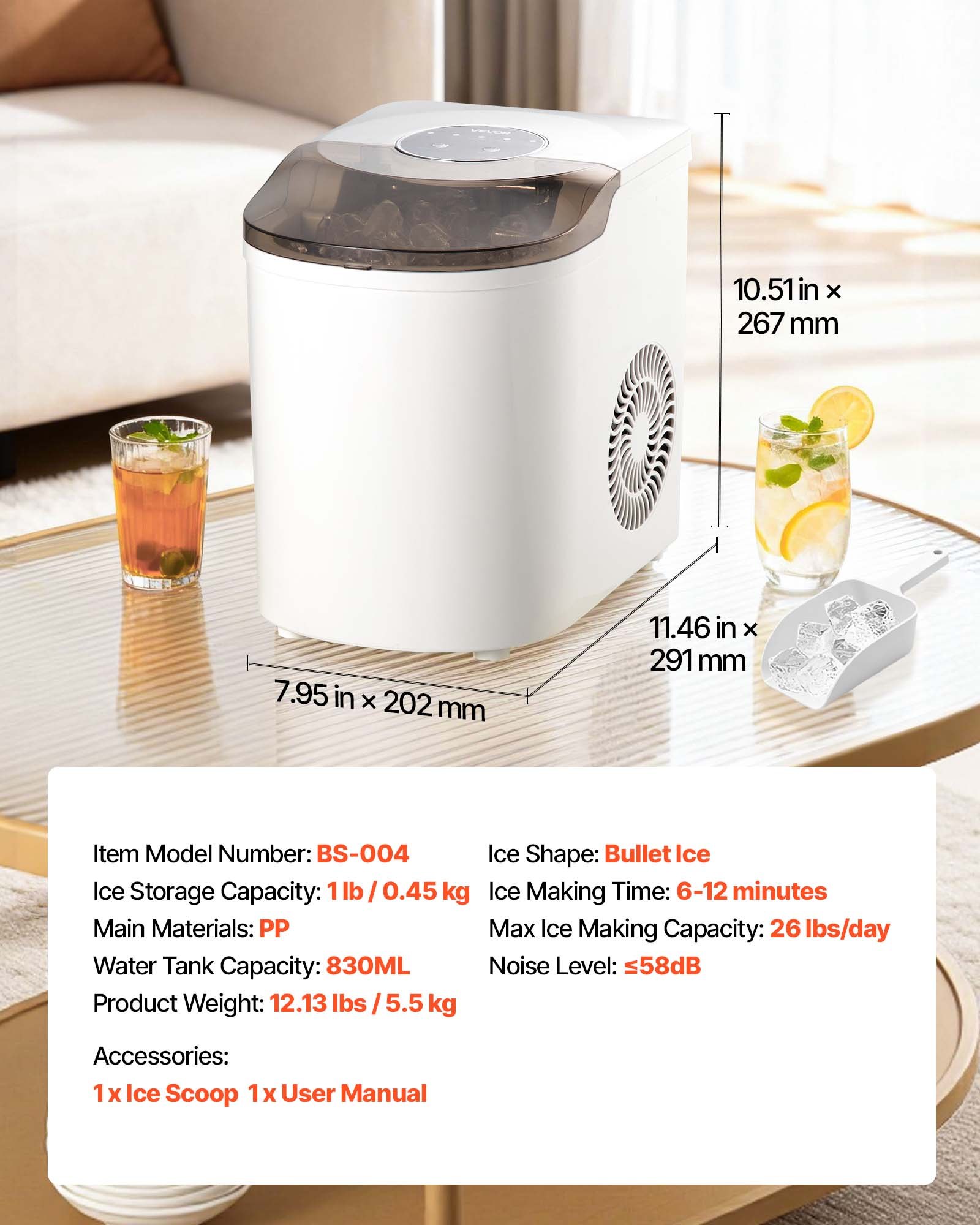VEVOR Countertop Ice Maker, 7 Cubes Ready in 6 Mins, 11.8 kg per Day, Self-Cleaning Portable Machine with Ice Scoop, Ice-Making Machine with 2 Sizes Bullet Ices for Home, Kitchen, Office, Bar & Party