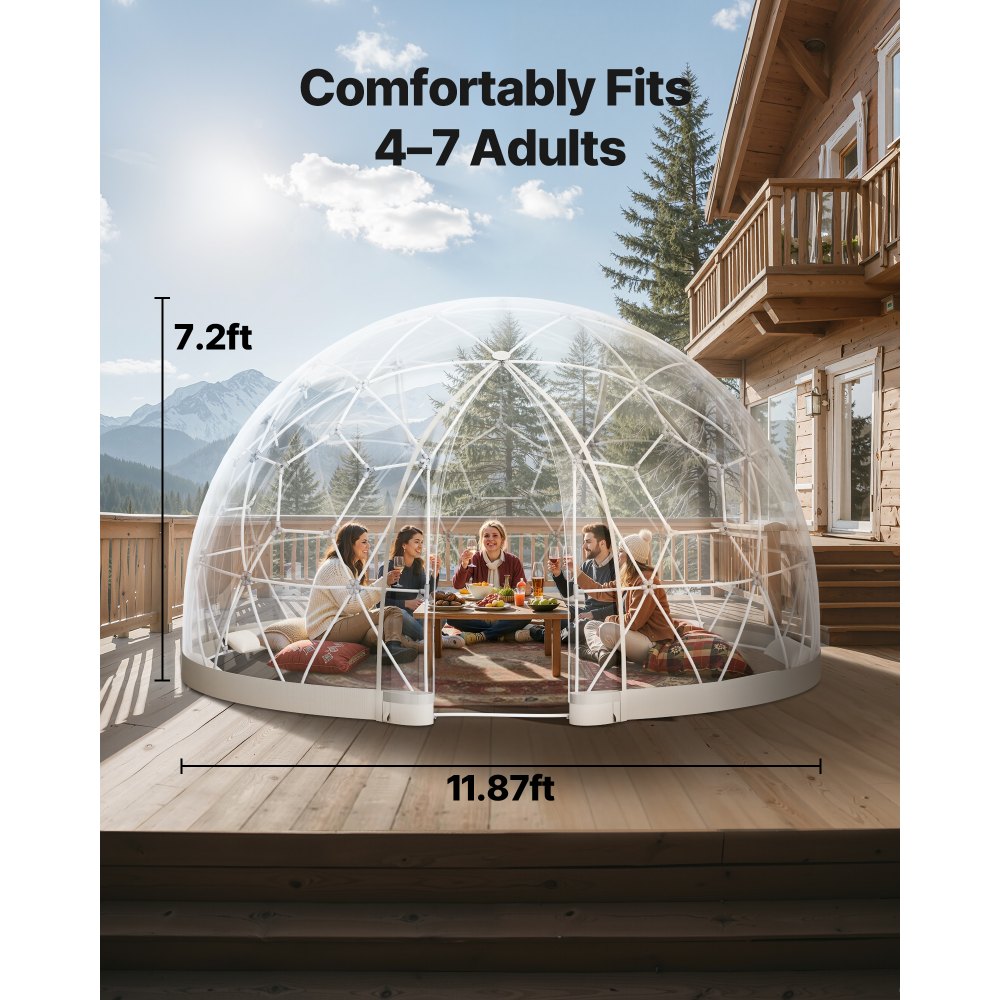 VEVOR Namiot ogrodowy kopułowy, 3,6 x 2,2 m, przezroczysty, dla 4-7 osób, szklarnia geodezyjna z oknem, namiot z PVC na podwórko, patio, kemping, imprezę, wesele
