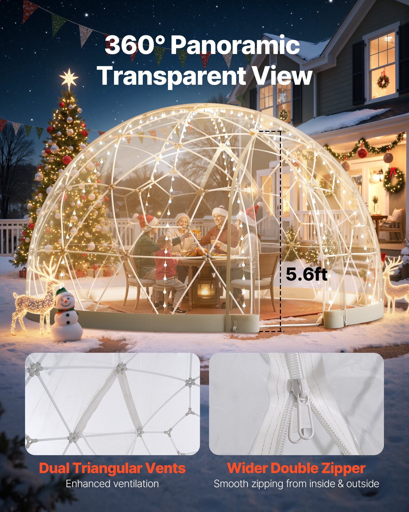 VEVOR Namiot ogrodowy kopułowy, 3,6 x 2,2 m, przezroczysty, dla 4-7 osób, szklarnia geodezyjna z oknem, namiot z PVC na podwórko, patio, kemping, imprezę, wesele