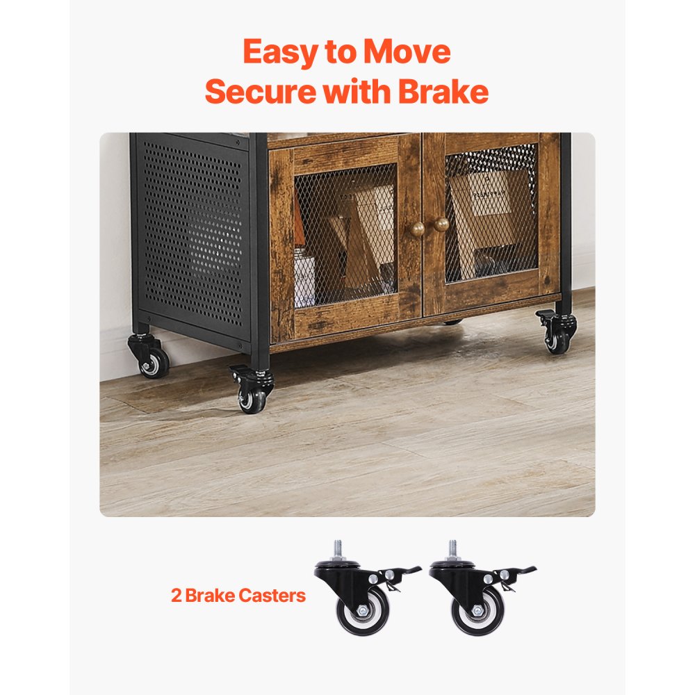 VEVOR Szafka barowa 61 x 36 x 70,5 cm Szafka barowa w stylu rustykalnym z 4-poziomową przestrzenią do przechowywania, ruchomy stolik barowy z kółkami i drzwiami z siatki, kredens w formie bufetu do przedpokoju kuchennego