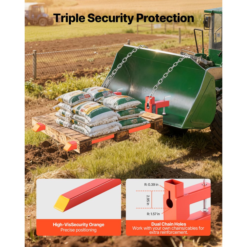 Widły paletowe VEVOR, 907 kg, zaciskane, długość całkowita 1090 mm, widły szybkozłączne, kompatybilne z osprzętem ciągnika, ładowarką i ładowarką kompaktową, pomarańczowe