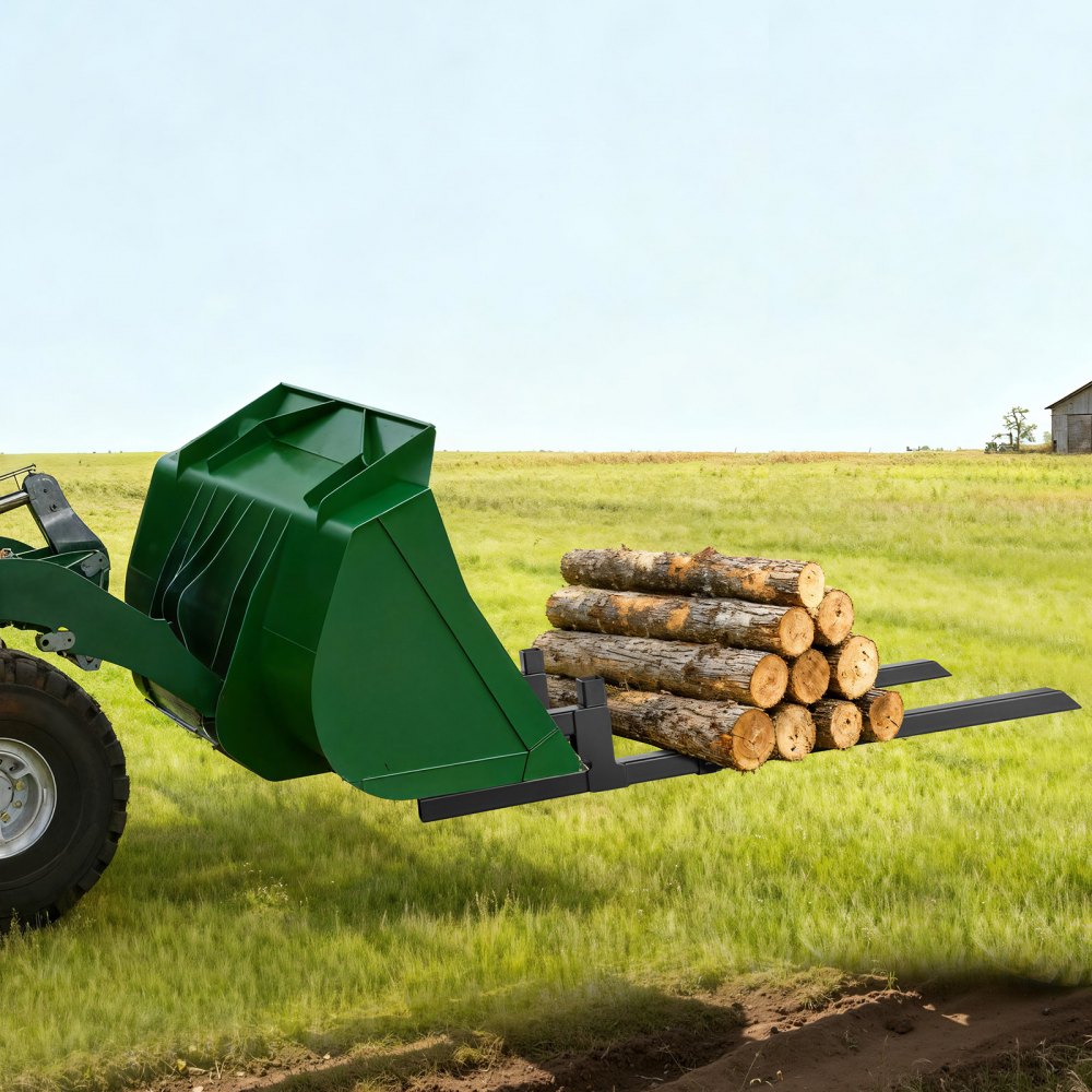 Widły paletowe VEVOR, 907 kg, karetka wideł zaciskowa, długość całkowita 1490 mm, widły z regulowanym stabilizatorem do osprzętu ciągnika, łyżki ładującej i ładowarki kompaktowej, kolor czarny