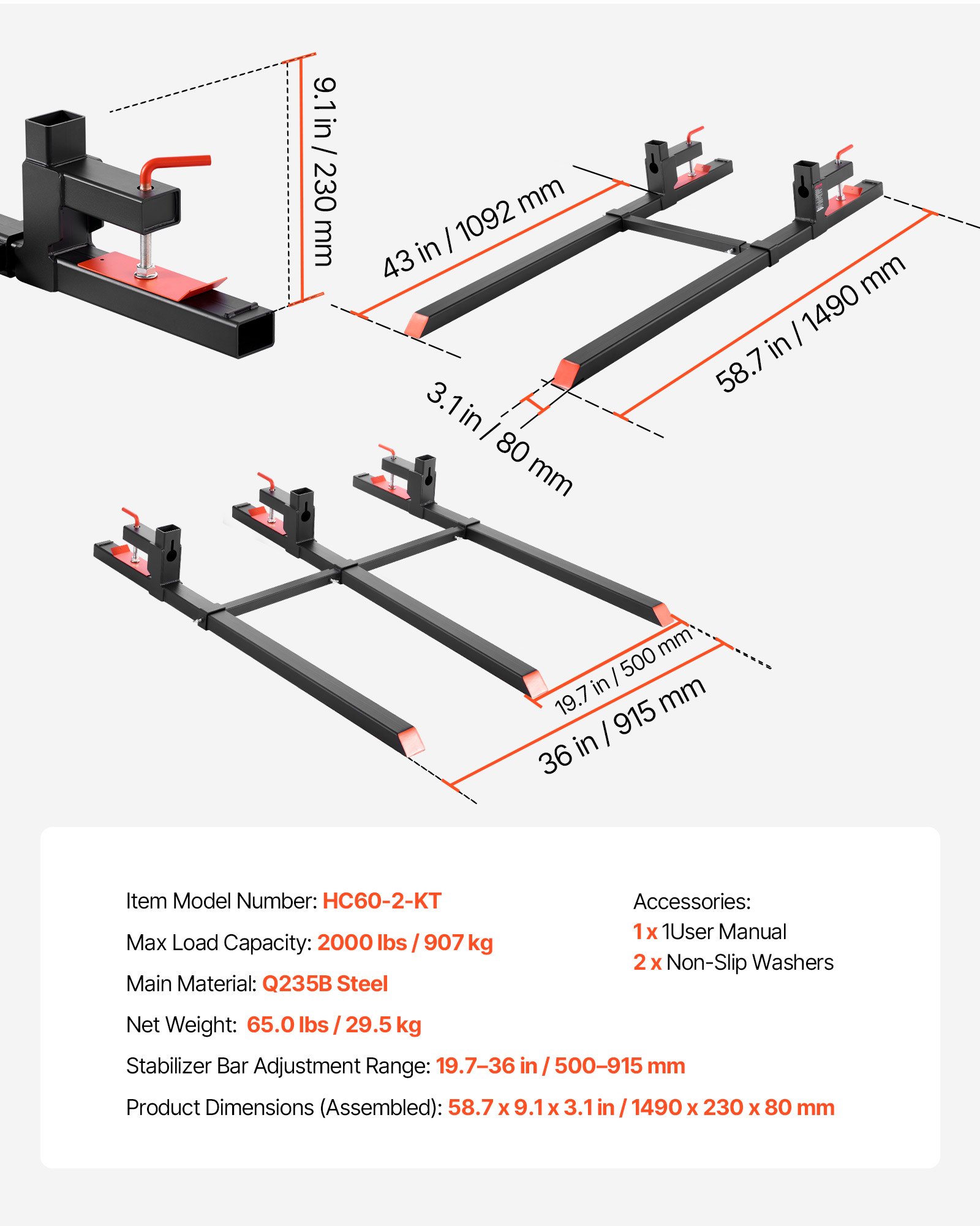 Widły paletowe VEVOR, 907 kg, karetka wideł zaciskowa, długość całkowita 1490 mm, widły z regulowanym stabilizatorem do osprzętu ciągnika, łyżki ładującej i ładowarki kompaktowej, kolor czarny