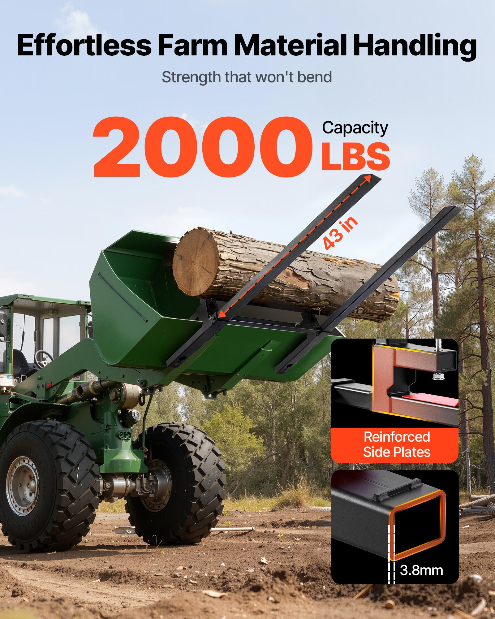 Widły paletowe VEVOR, 907 kg, karetka wideł zaciskowa, długość całkowita 1490 mm, widły z regulowanym stabilizatorem do osprzętu ciągnika, łyżki ładującej i ładowarki kompaktowej, kolor czarny