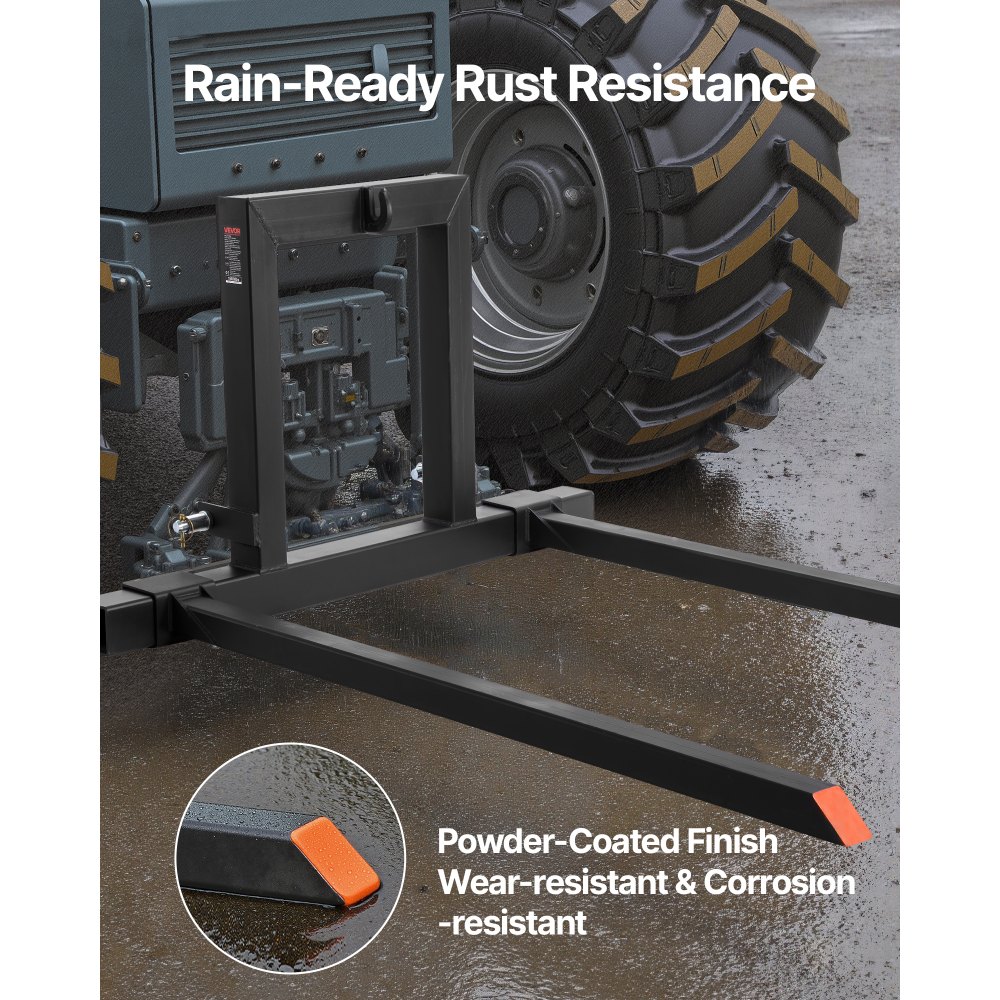 Widły paletowe VEVOR 680 k, wózek wideł z zawieszeniem 3-punktowym, długość całkowita 1280 mm, zęby wideł o regulowanej szerokości 735-1170 mm, szybkozłącza do ciągników kategorii 1