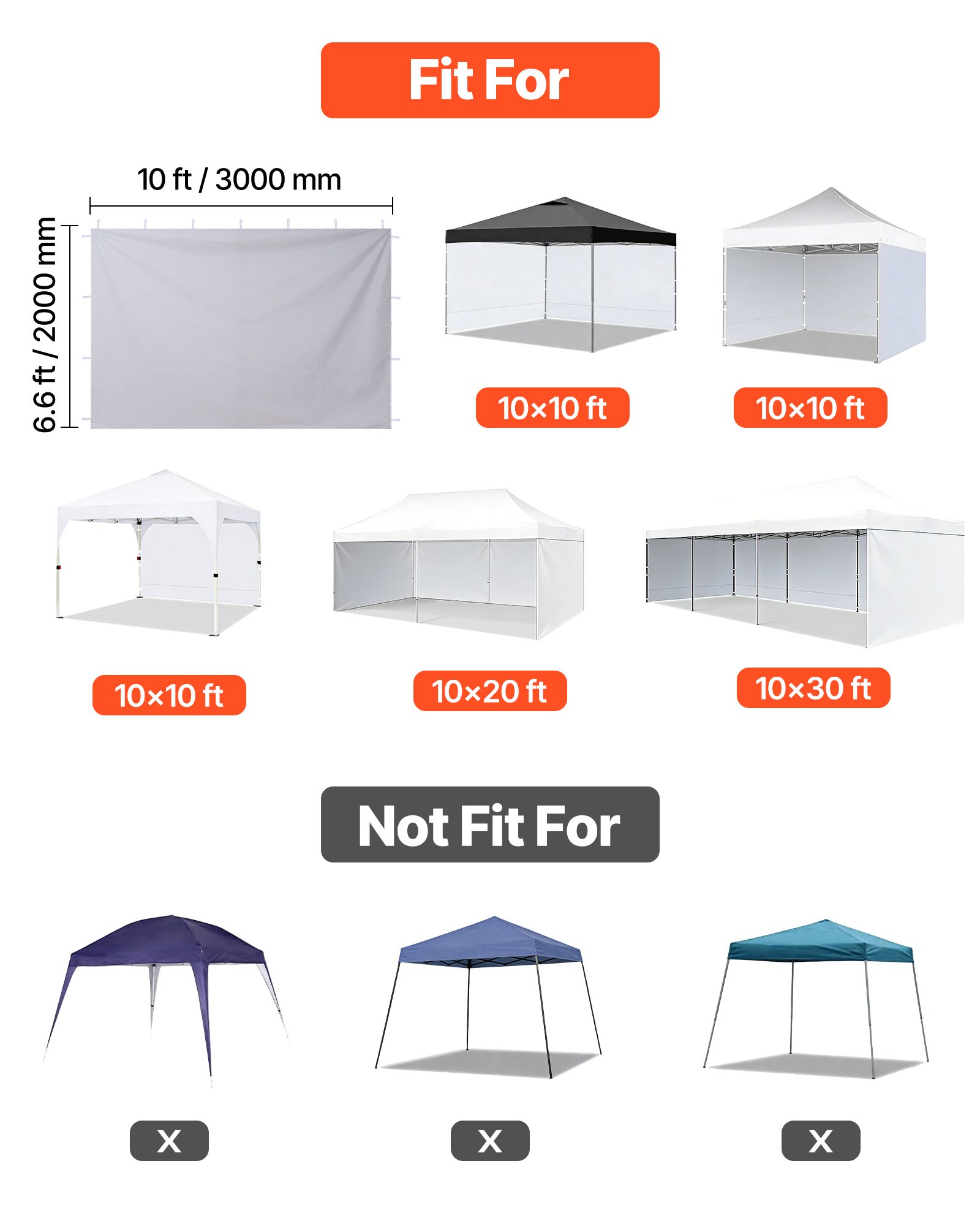 VEVOR Canopy Sidewalls, Fit for 3 x 3 m Pop Up Canopy Tent, Tent Side Walls with Waterproof and Sunlight Protection Layer for Outdoor Event Tents, Vendor Booths, Camping (3 Sidewalls Only, White)