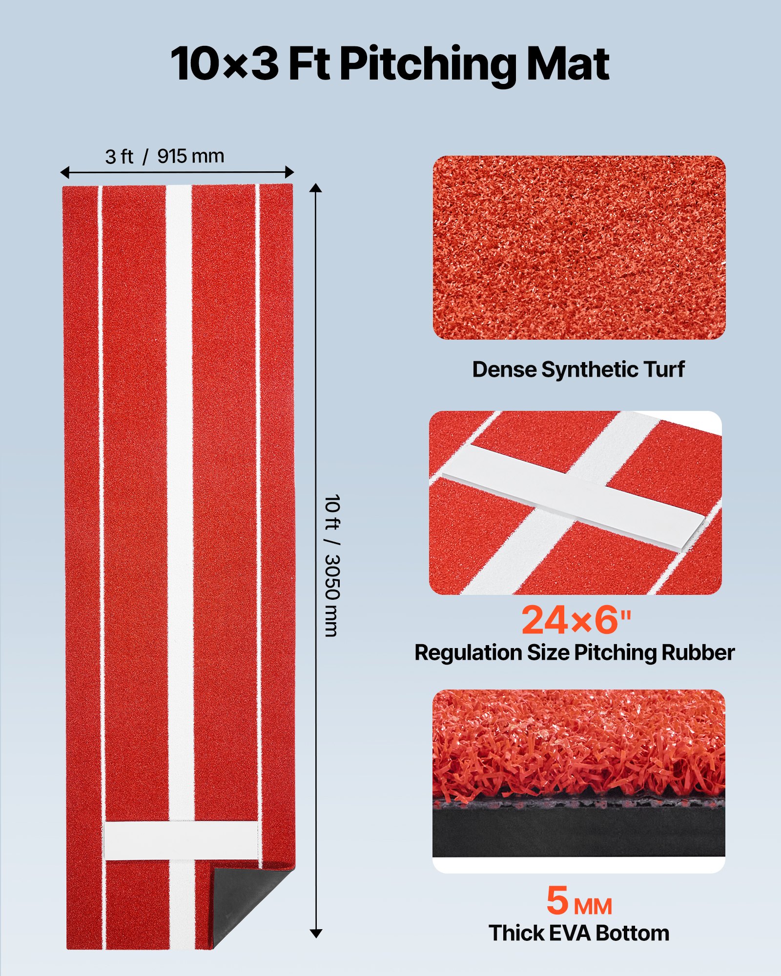 Mata treningowa do odbijania w baseballu VEVOR (305 x 92 cm), mata treningowa do klatki, mata do baseballu z odporną na blaknięcie trawą i antypoślizgowym spodem z pianki, przenośna mata do softballu, czerwona