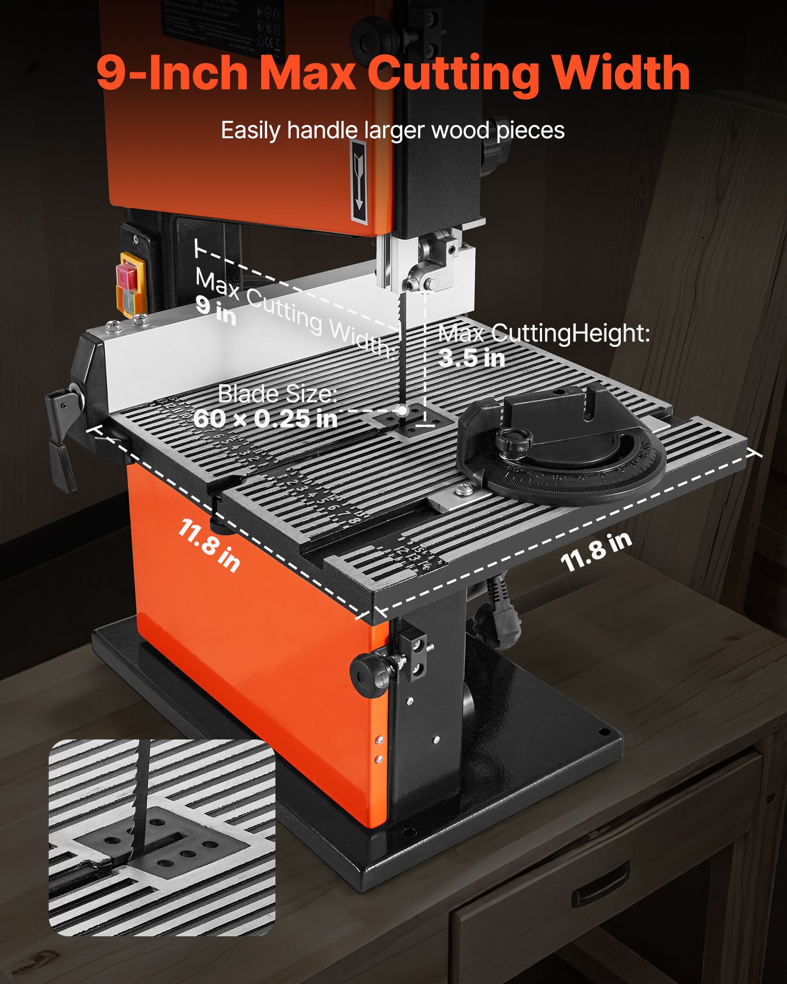 Piła taśmowa VEVOR, 229 mm, piła taśmowa do drewna z silnikiem o mocy 373 W (1/2 KM), wysokość cięcia 90 mm, stół aluminiowy odlewany 300 x 300 mm, z oświetleniem roboczym 360°, prowadnicą kątową, prowadnicą równoległą, do obróbki drewna
