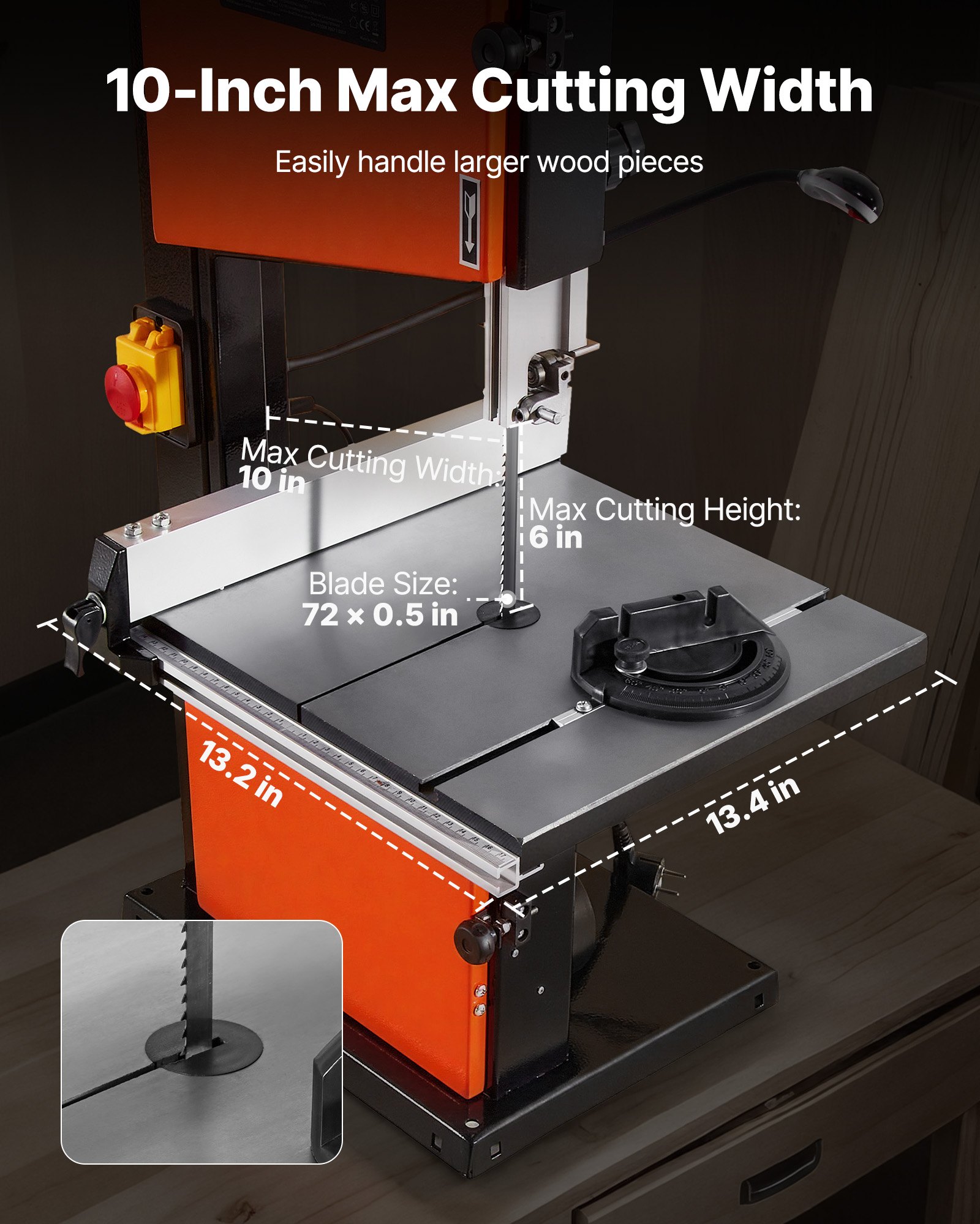 Piła taśmowa VEVOR, szerokość cięcia 254 mm, dwubiegowa piła taśmowa do drewna z silnikiem o mocy 373 W (1/2 KM), wysokość cięcia 160 mm, stół żeliwny 335 x 340 mm, z oświetleniem roboczym 360°, prowadnicą kątową, ogranicznikiem równoległym