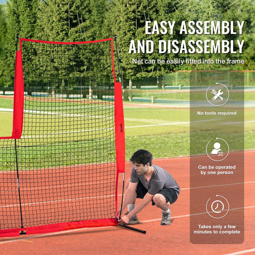 Siatka ochronna do klatki do odbijania VEVOR typu L, 240 x 106 x 214 cm, do baseballu i softballu, przenośna, z torbą transportową i kołkami do mocowania na ziemi, zewnętrzna siatka do odbijania w baseballu, czerwona
