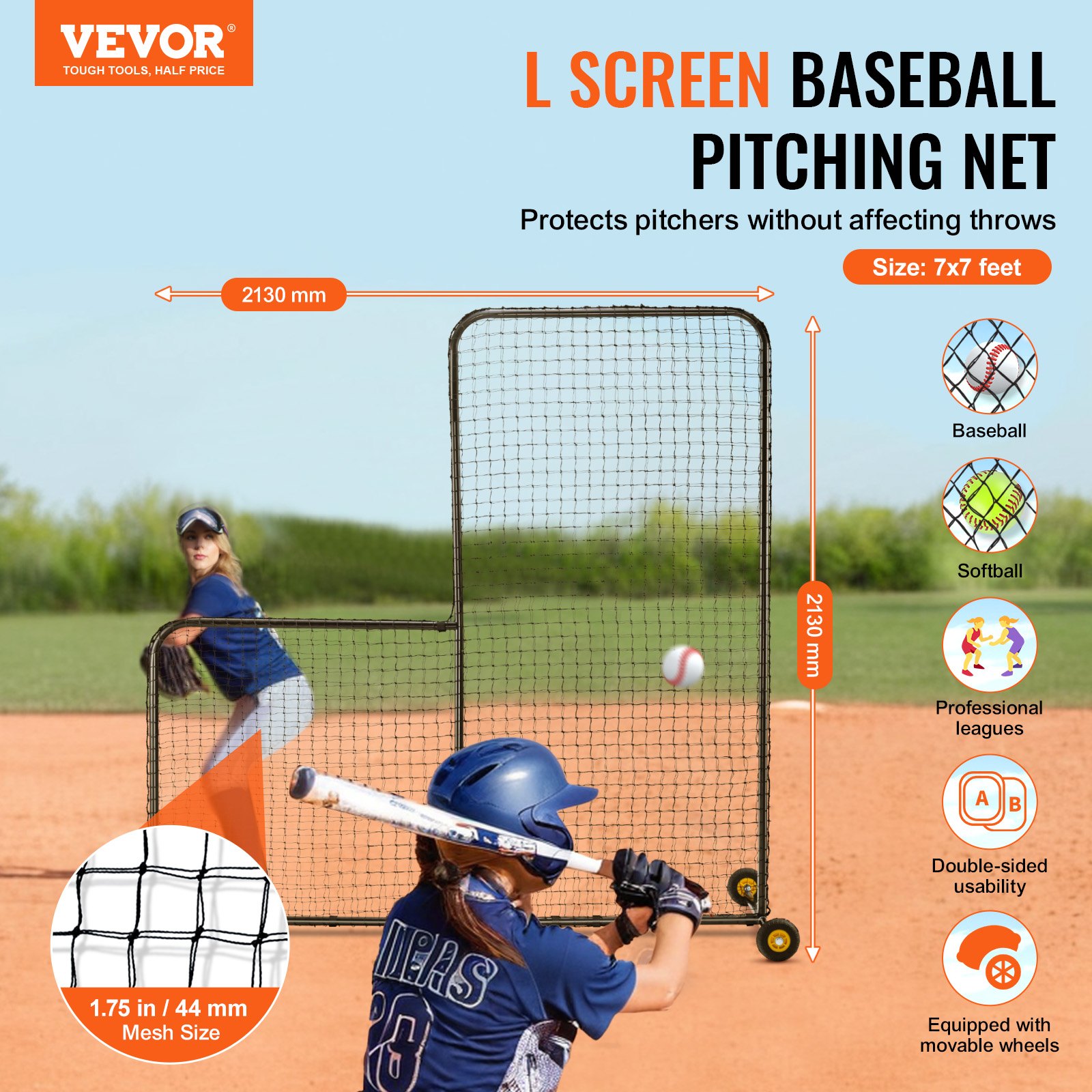 VEVOR L-Type for Bat Cage 213 x 106 x 213 cm Baseball and Softball Safety Umbrella Body Protection Portable Batting Umbrella with Body Protection & Carrying Bag & Wheels, Softball Pitching Net Black