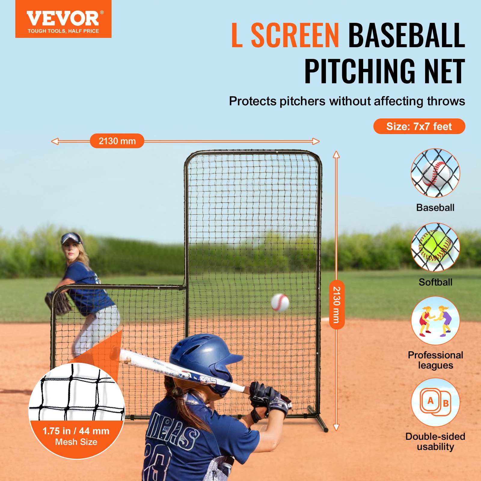 Klatka do baseballu VEVOR typu L, 213 x 96 x 213 cm, ekran ochronny do baseballu i softballu, przenośna siatka do baseballu z torbą transportową i kołkami do mocowania na ziemi, siatka do ochrony miotaczy, czarna