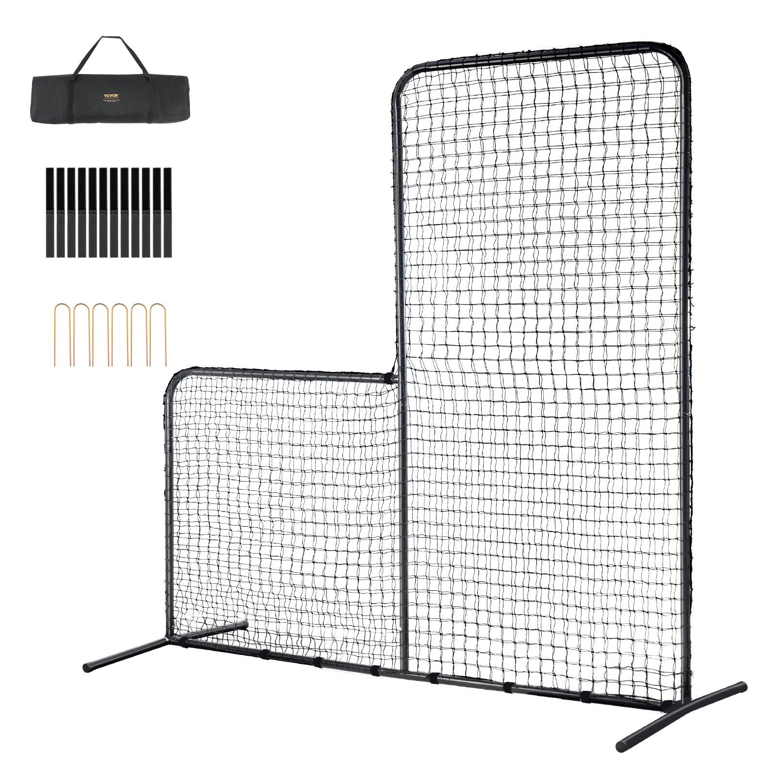 Klatka do baseballu VEVOR typu L, 213 x 96 x 213 cm, ekran ochronny do baseballu i softballu, przenośna siatka do baseballu z torbą transportową i kołkami do mocowania na ziemi, siatka do ochrony miotaczy, czarna