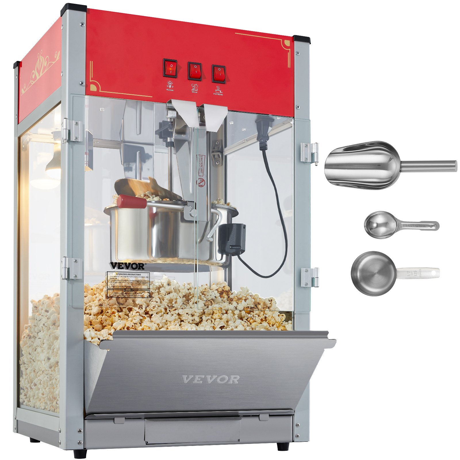 VEVOR Popcorn Machine, 1440W Popcorn Maker, 12oz Kettle for 80 Cups per Load, Countertop Popcorn Machine with Tempered Glass, 3 Stainless Steel Scoops, Cinema Style