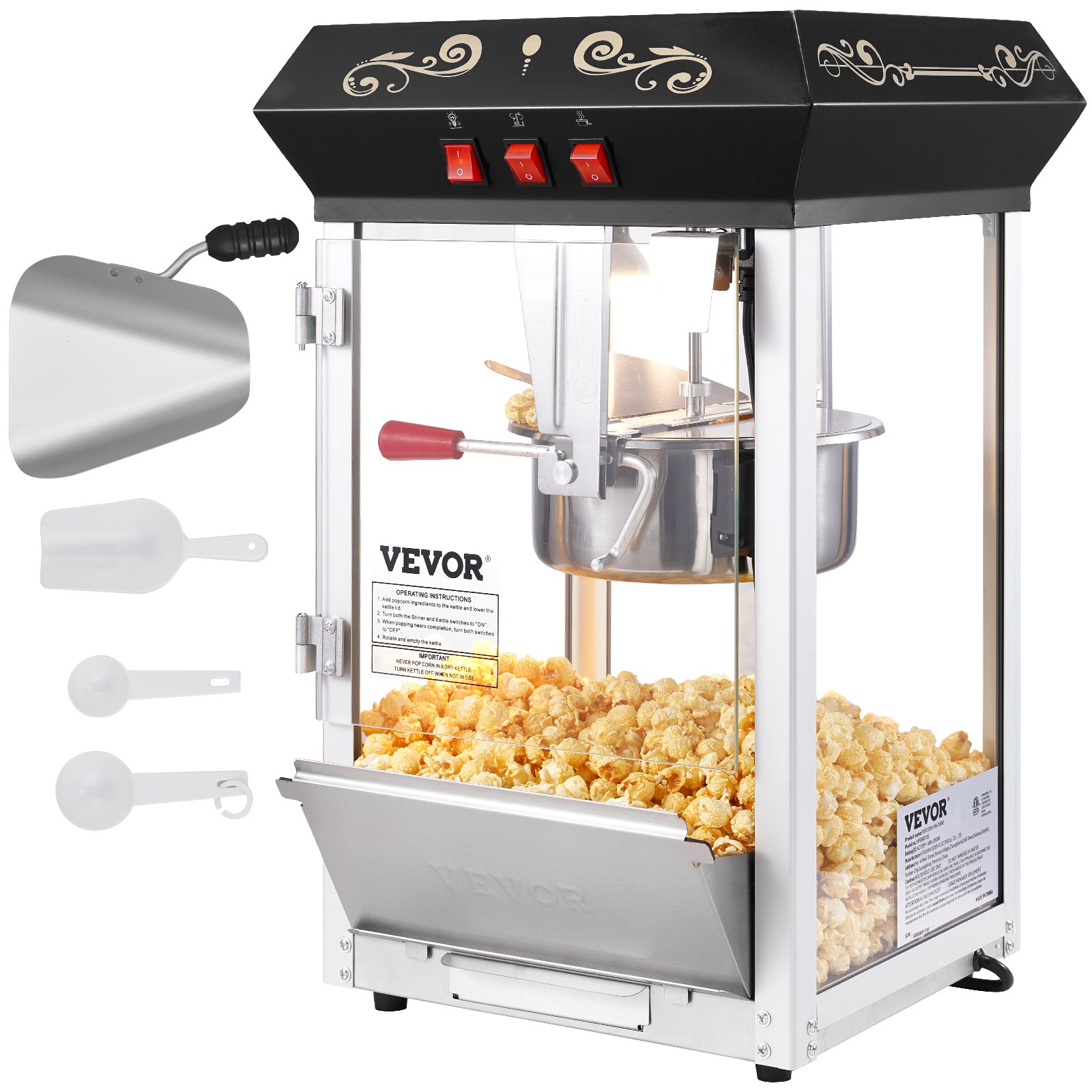 VEVOR Popcorn Machine, 850W, 8oz Kettle for 48 Cups per Load, Countertop Popcorn Maker with Tempered Glass, Includes 4 Scoops