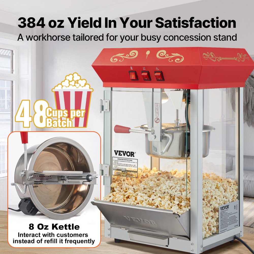 VEVOR Popcorn Machine, 850W, 8oz Kettle for 48 Cups per Load, Countertop Popcorn Maker with Tempered Glass, Includes 4 Scoops, Cinema Style