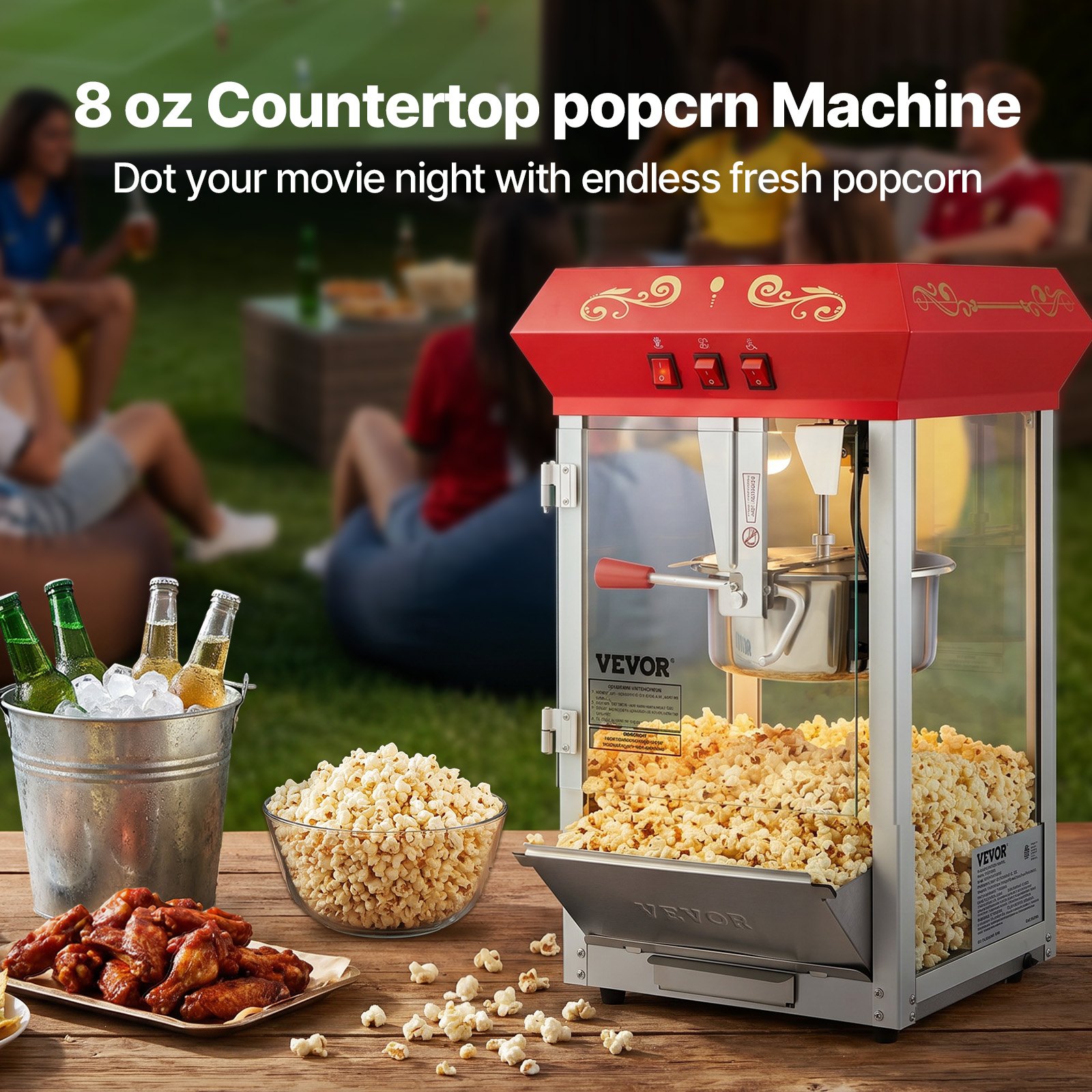 VEVOR Popcorn Machine, 850W, 8oz Kettle for 48 Cups per Load, Countertop Popcorn Maker with Tempered Glass, Includes 4 Scoops, Cinema Style