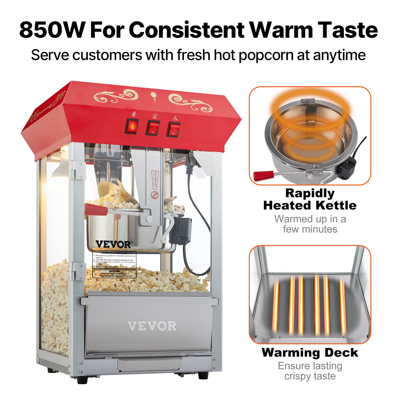 VEVOR Popcorn Machine, 850W, 8oz Kettle for 48 Cups per Load, Countertop Popcorn Maker with Tempered Glass, Includes 4 Scoops, Cinema Style