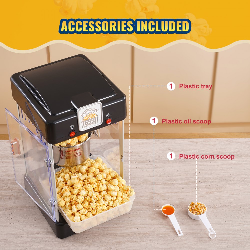 Maszyna do popcornu VEVOR, moc 300 W, czajnik 2,5 uncji, wydajność 4 litrów na partię, maszyna do popcornu z drzwiczkami PP, zawiera 2 gałki i tackę, styl kinowy, kolor czarny