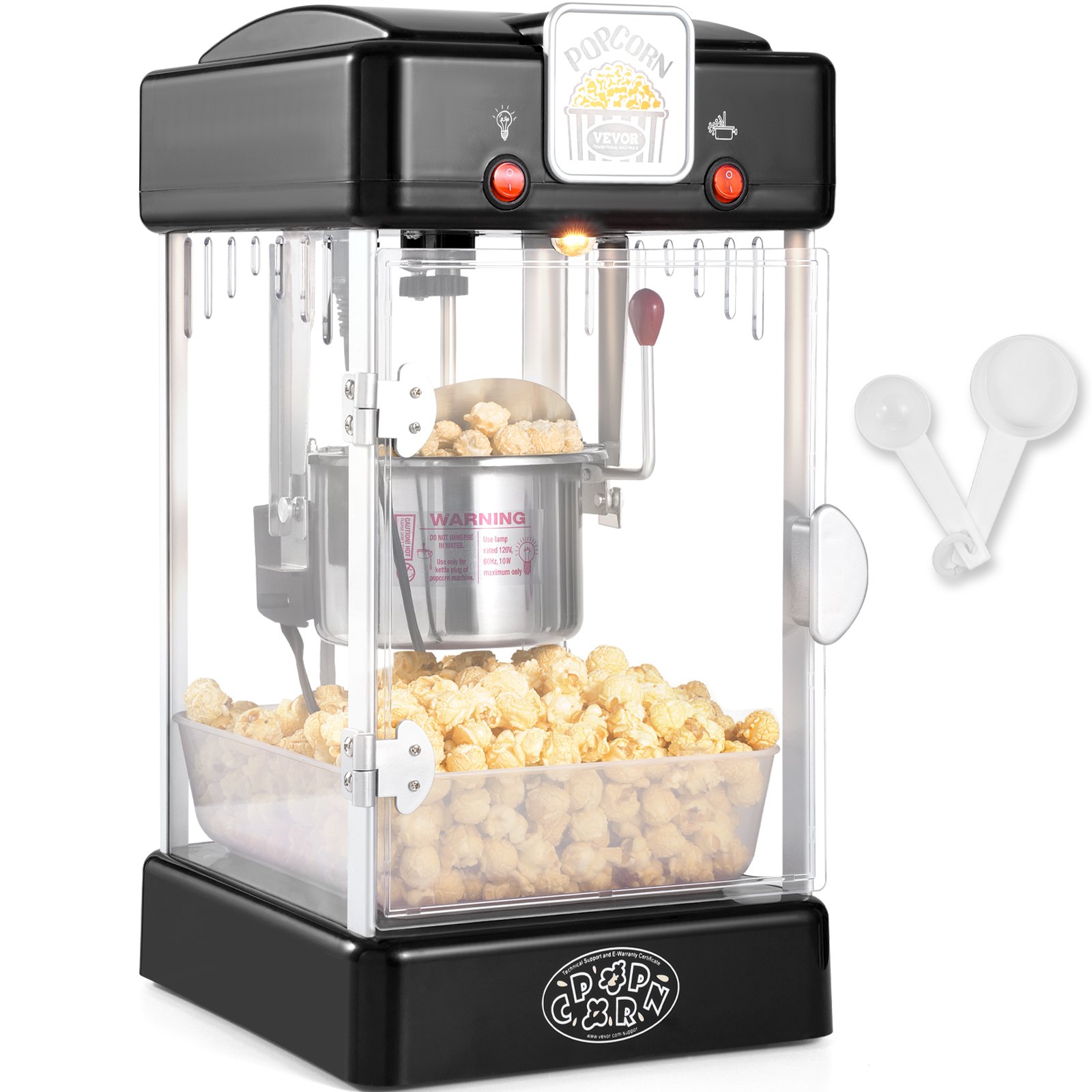 Maszyna do popcornu VEVOR, moc 300 W, czajnik 2,5 uncji, wydajność 4 litrów na partię, maszyna do popcornu z drzwiczkami PP, zawiera 2 gałki i tackę, styl kinowy, kolor czarny