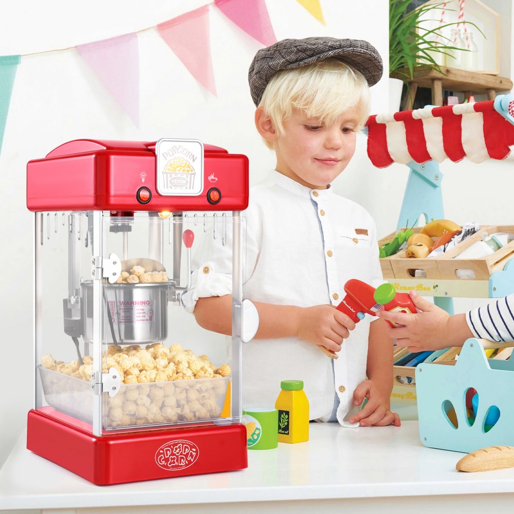 Maszyna do popcornu VEVOR, moc 300 W, kocioł o pojemności 2,5 uncji, przygotowuje 4 kwarty na porcję, stołowa maszyna do popcornu z drzwiczkami z PP, zawiera 2 gałki i tackę, styl kinowy, kolor czerwony