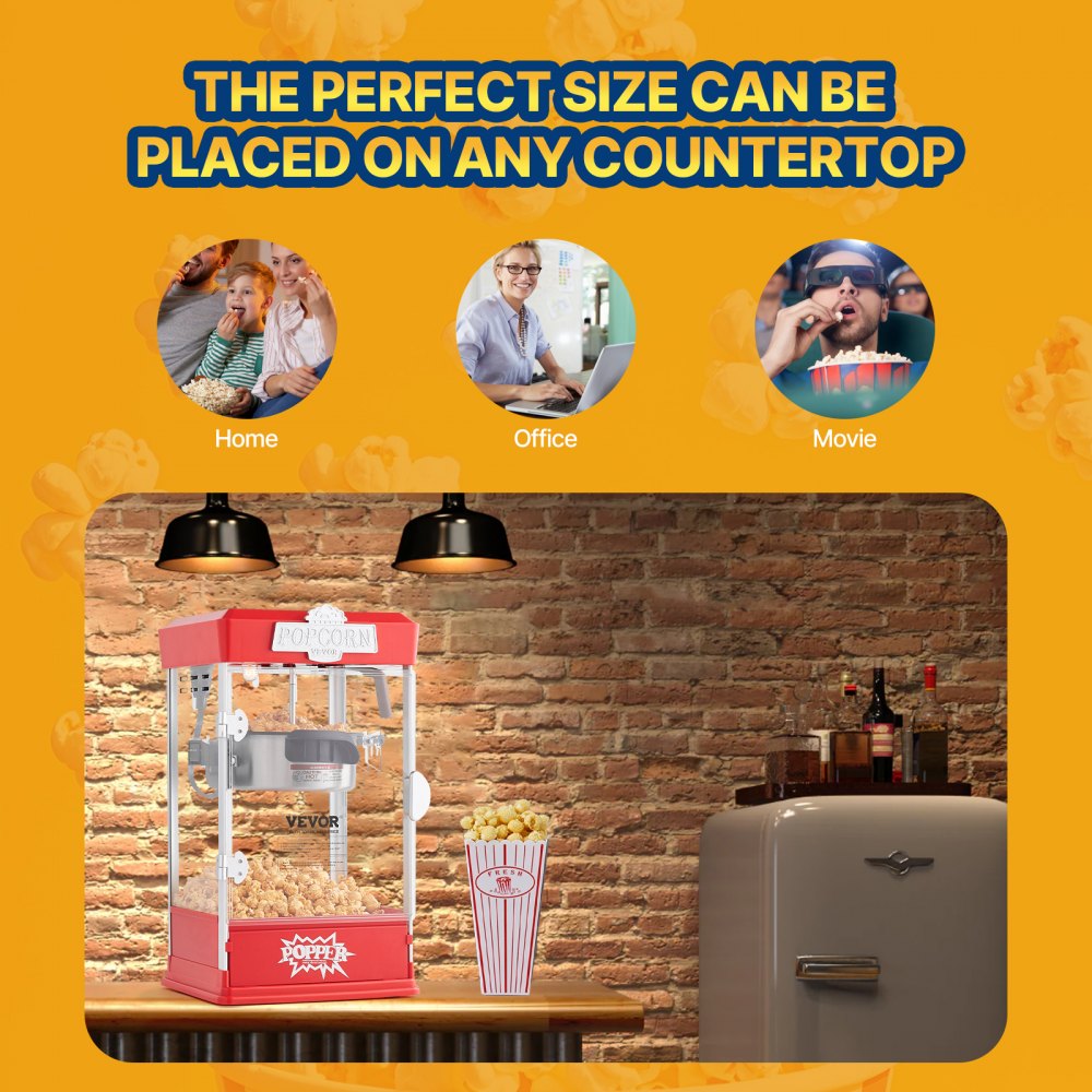 Maszyna do popcornu VEVOR o mocy 480 W, czajnik 4 uncje, produkuje 1,5 galona na załadunek, stołowa maszyna do popcornu, zawiera 3 gałki, maszyna do popcornu w stylu kinowym, czerwona kawiarnia