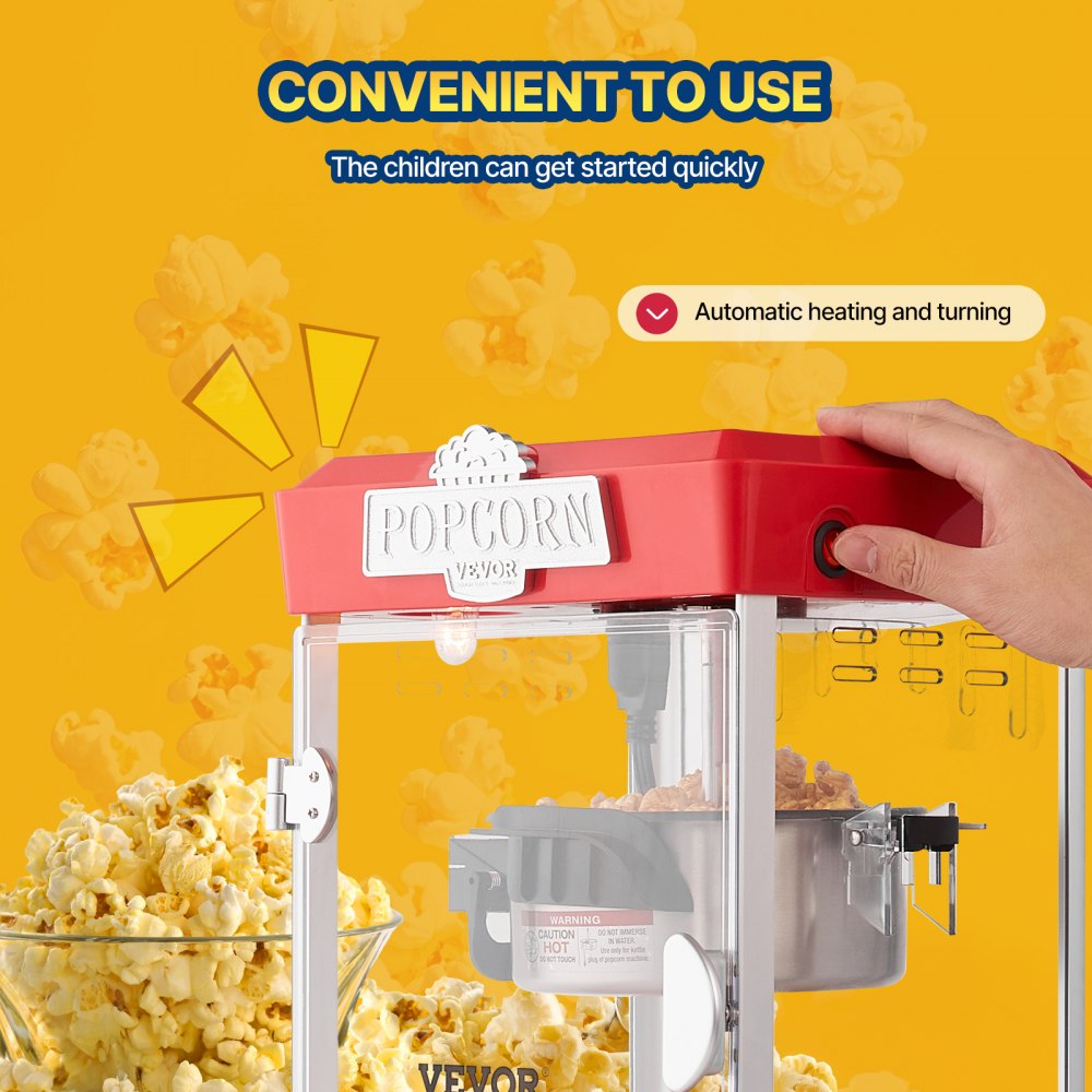 Maszyna do popcornu VEVOR o mocy 480 W, czajnik 4 uncje, produkuje 1,5 galona na załadunek, stołowa maszyna do popcornu, zawiera 3 gałki, maszyna do popcornu w stylu kinowym, czerwona kawiarnia