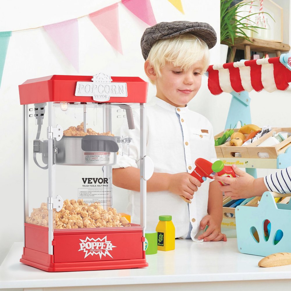 Maszyna do popcornu VEVOR o mocy 480 W, czajnik 4 uncje, produkuje 1,5 galona na załadunek, stołowa maszyna do popcornu, zawiera 3 gałki, maszyna do popcornu w stylu kinowym, czerwona kawiarnia